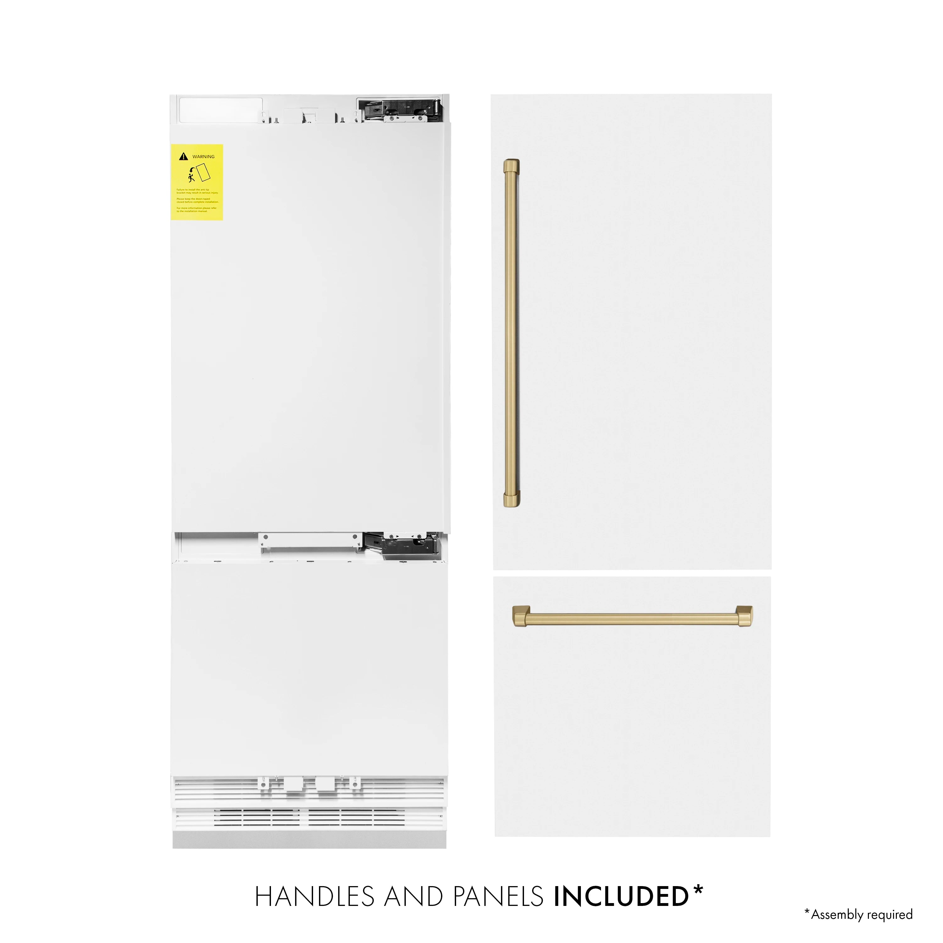 Included champagne bronze handles and panels for a white bottom freezer refrigerator