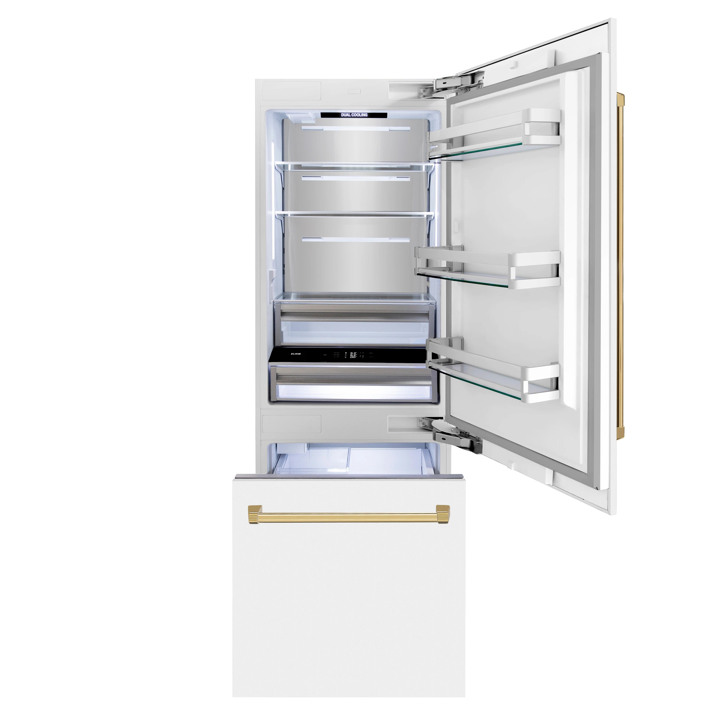 White matte bottom-freezer refrigerator with open doors, illuminated shelves, and gold handles