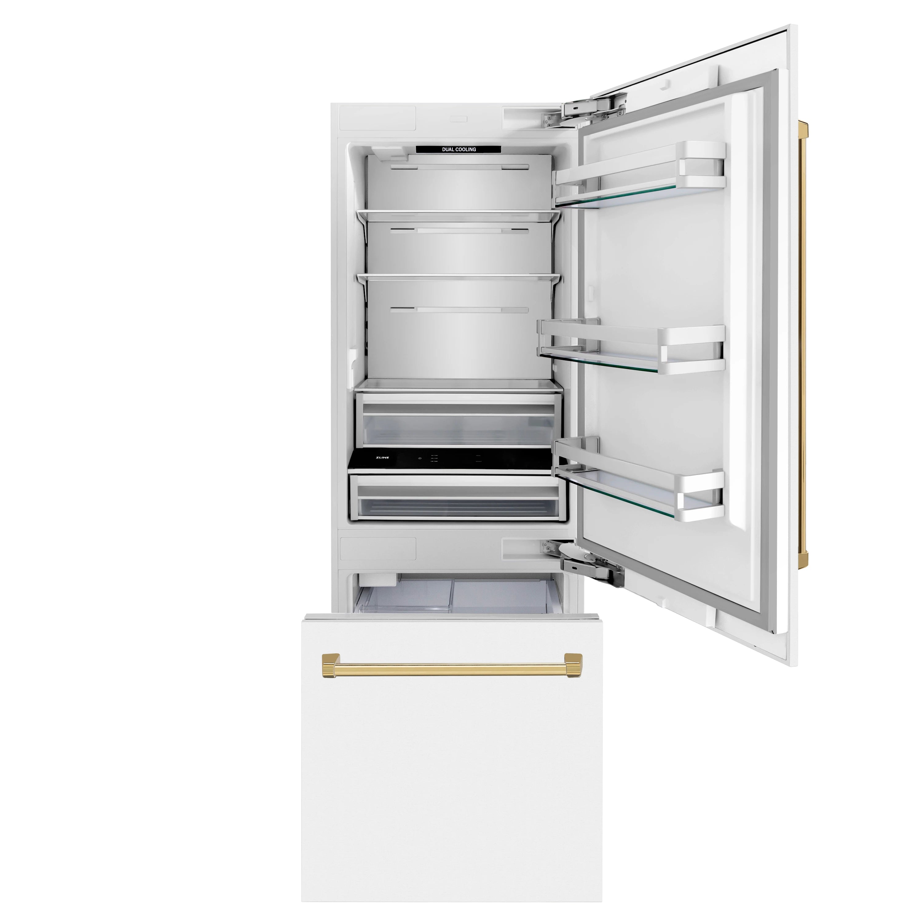 White matte bottom-freezer refrigerator with two open doors and gold handle accents