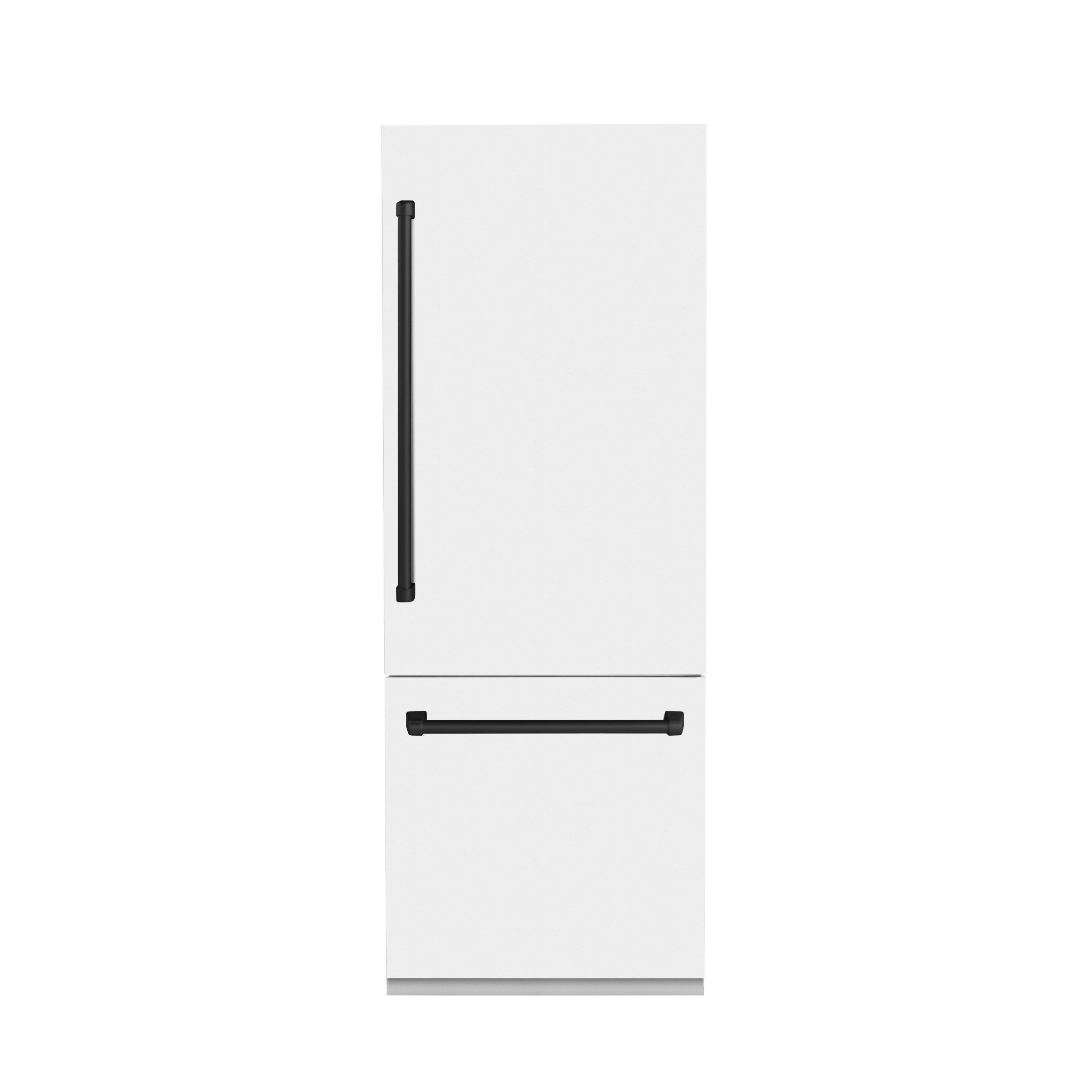White bottom freezer refrigerator front view with black handle and dispenser stem