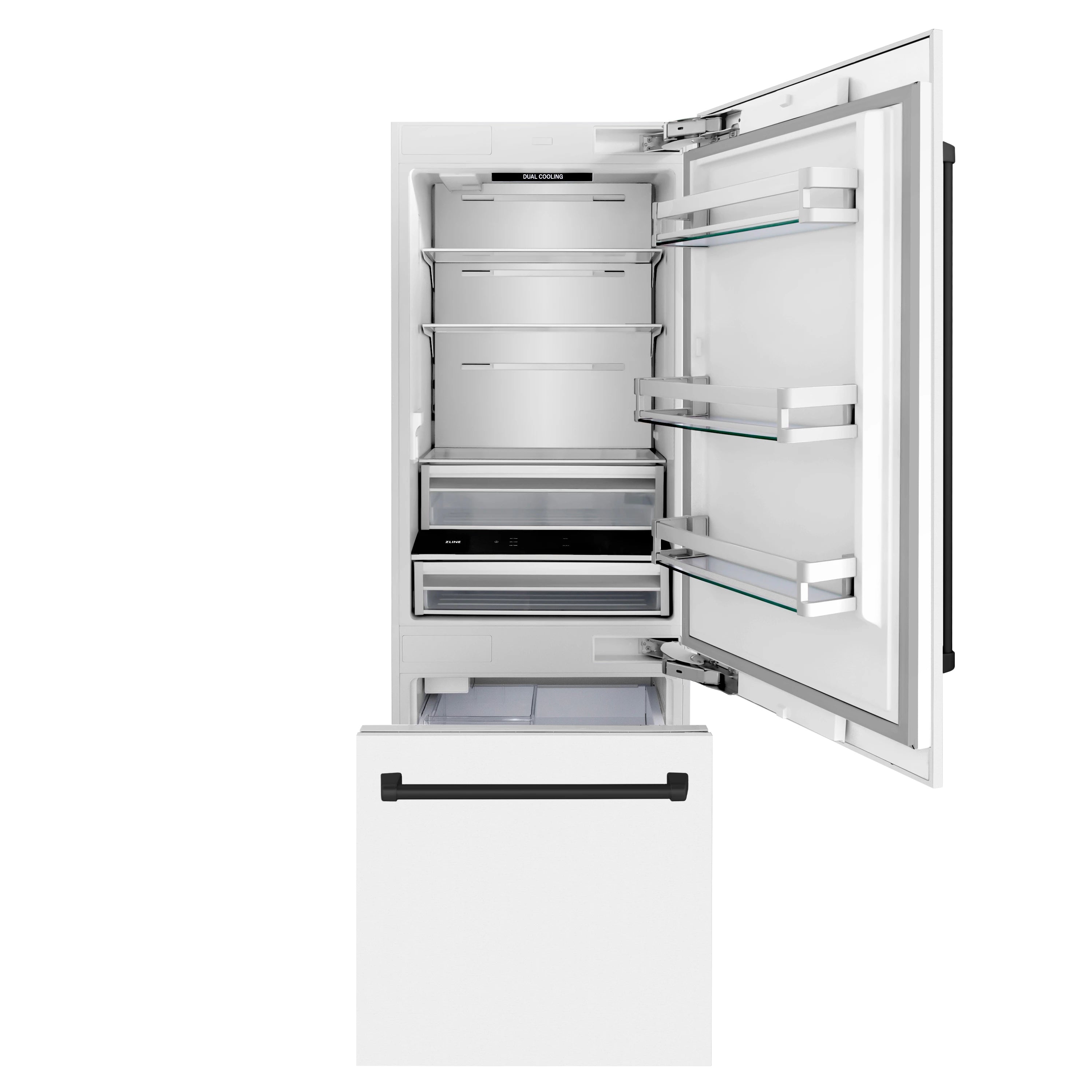 Open-door bottom freezer refrigerator with shelves and drawers fully visible