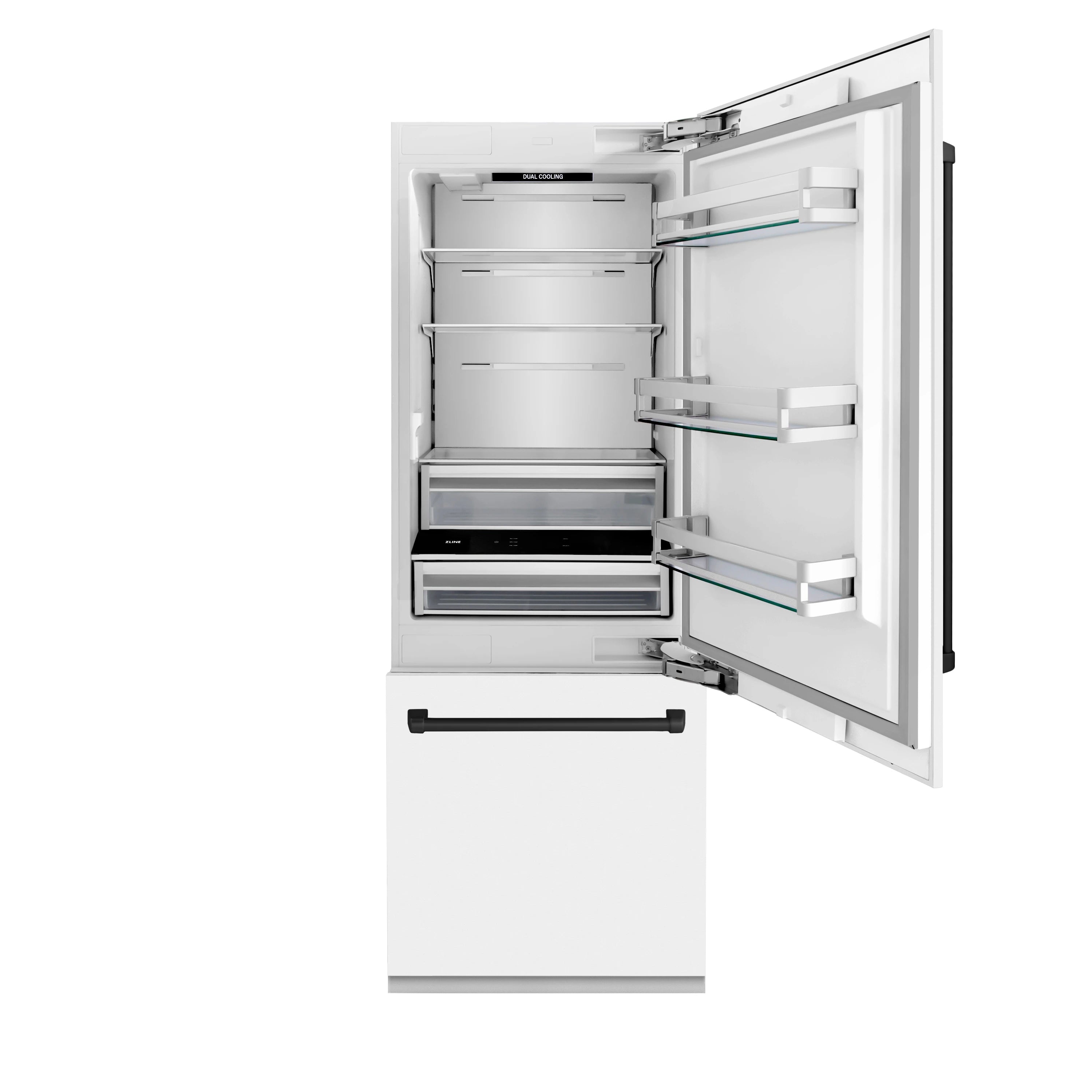 Open white bottom freezer refrigerator showing pull-out drawers and shelves with glass racks
