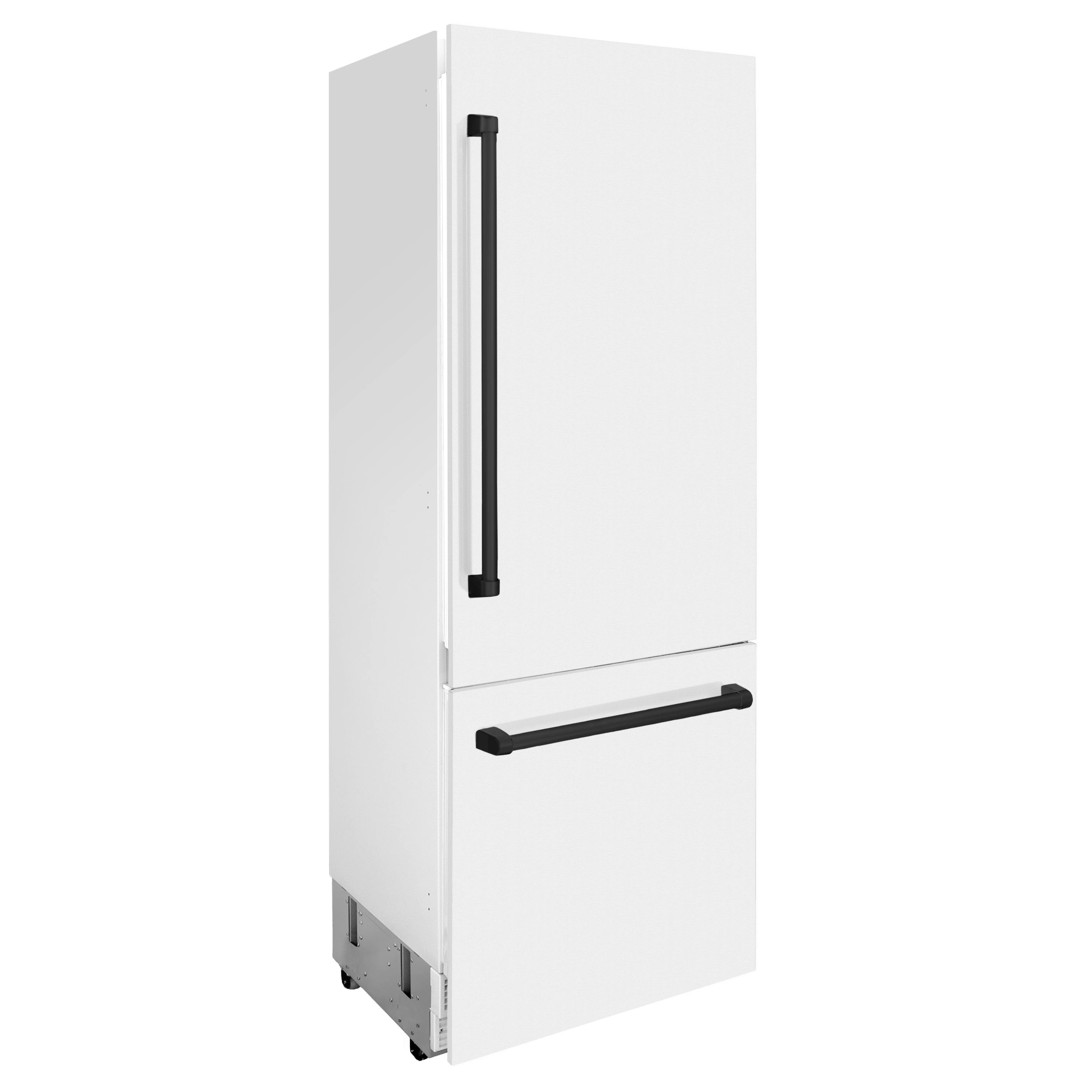 White bottom freezer refrigerator with matte black vertical and horizontal handles