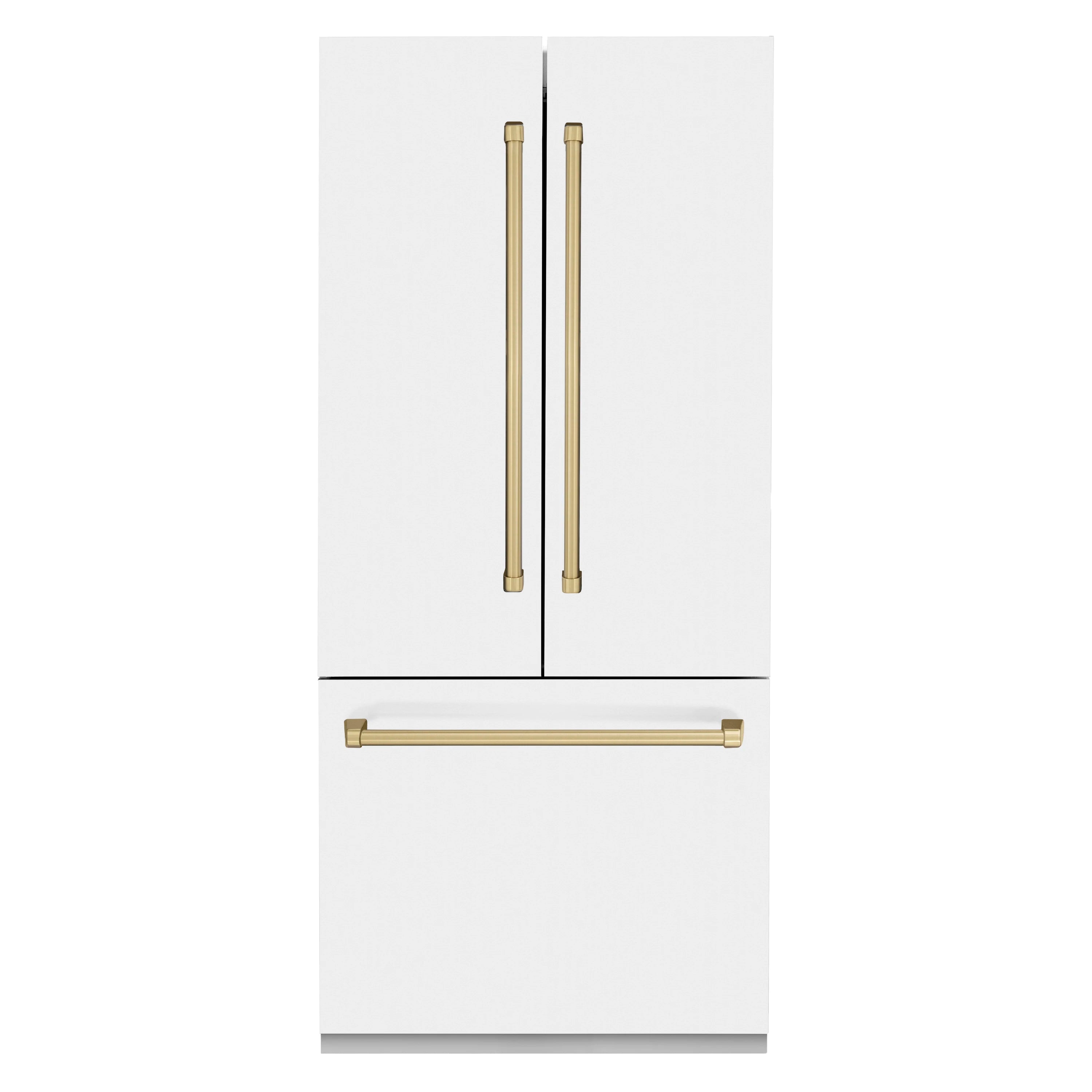 White matte refrigerator doors with champagne bronze vertical handles and bottom bar