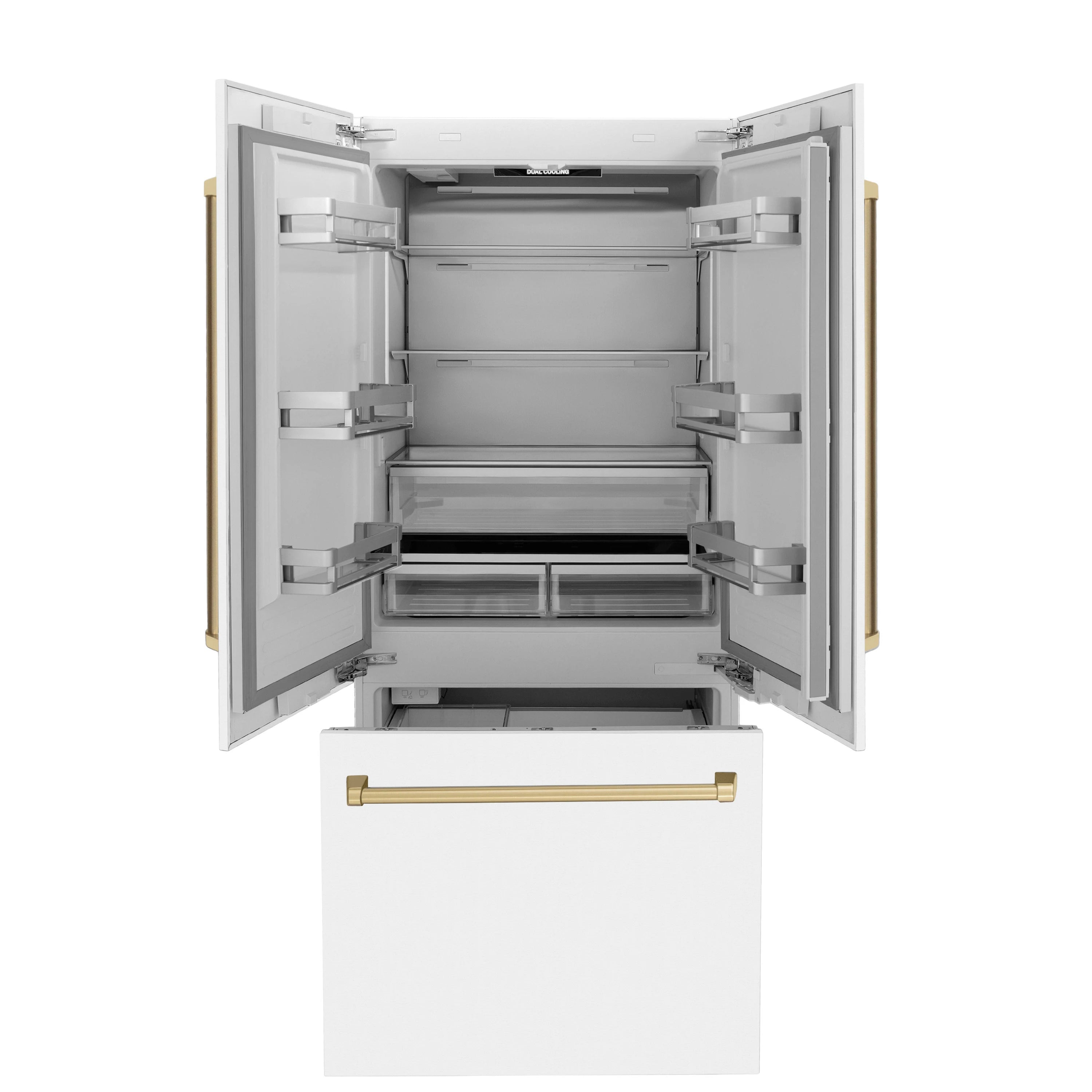 Bottom freezer refrigerator with doors open, showing freezer storage compartments