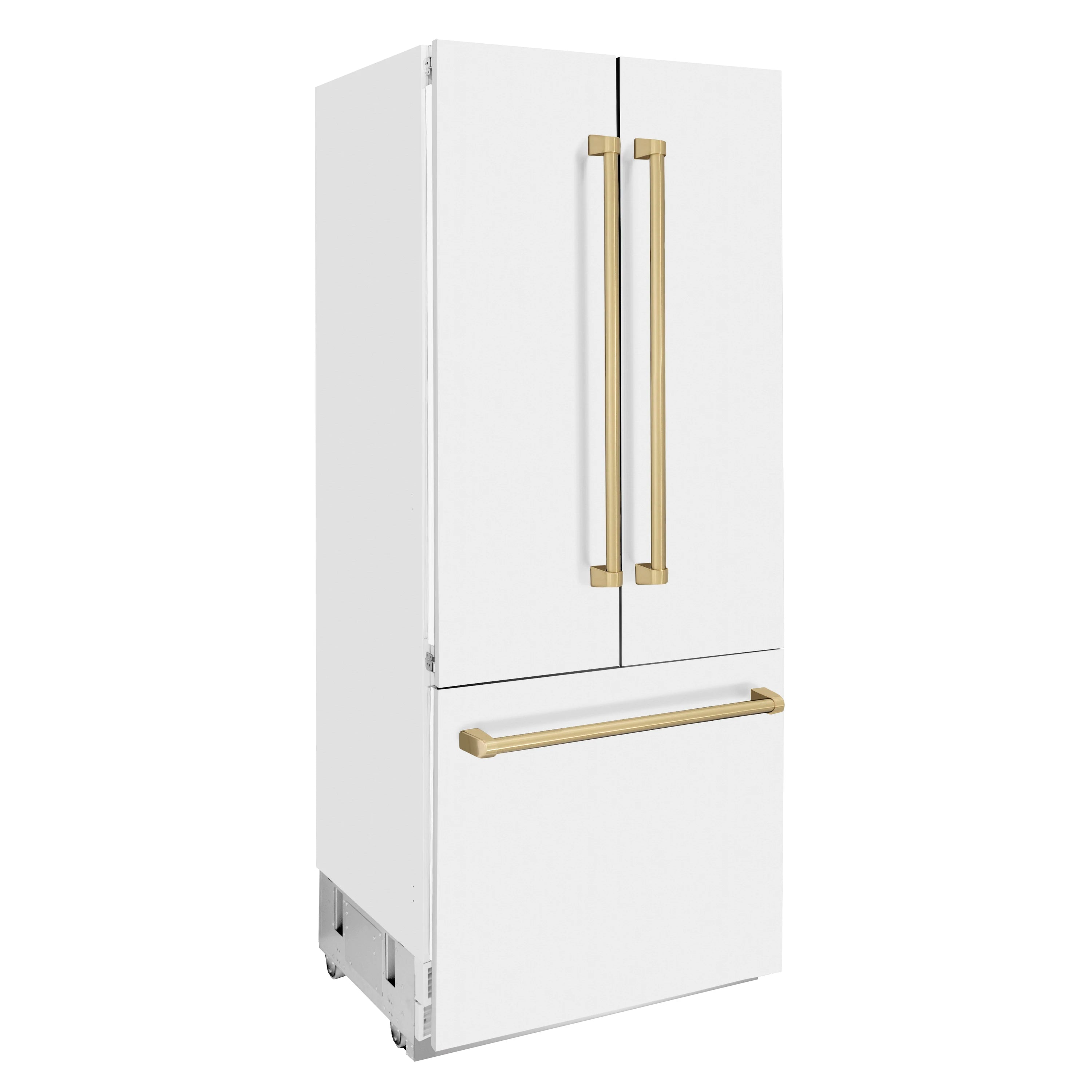 White bottom freezer refrigerator with champagne bronze pull handles and freezer drawer