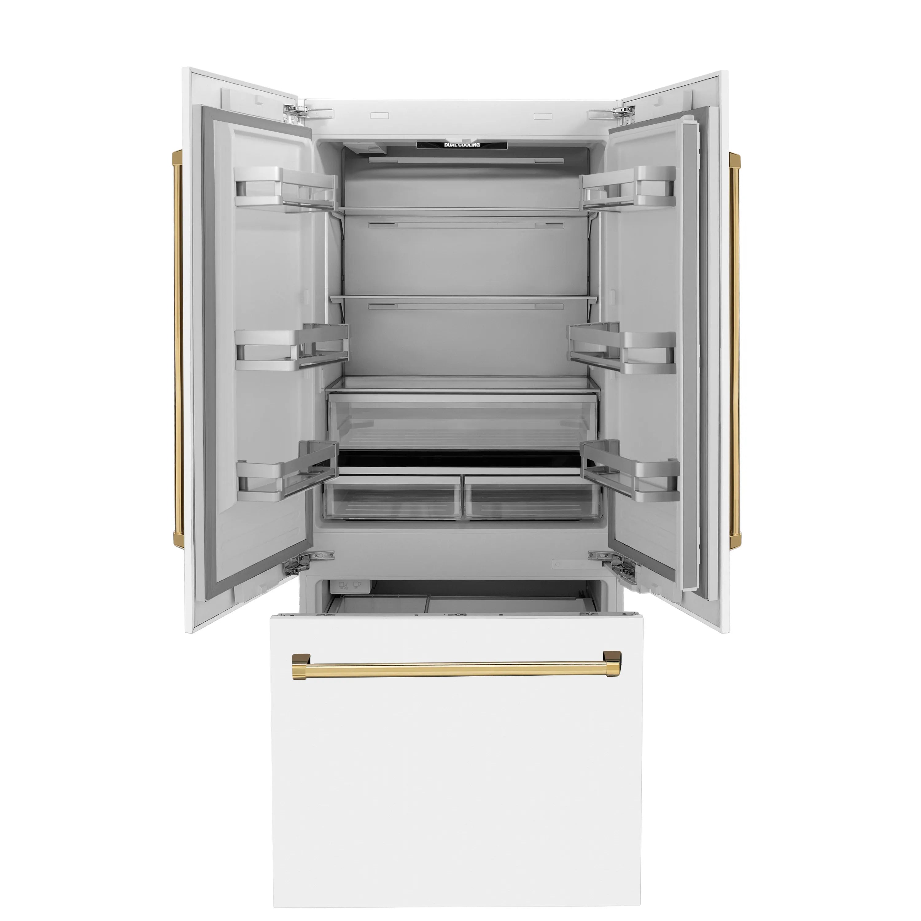 Bottom freezer refrigerator with white matte door open, showing drawers and interior shelves.