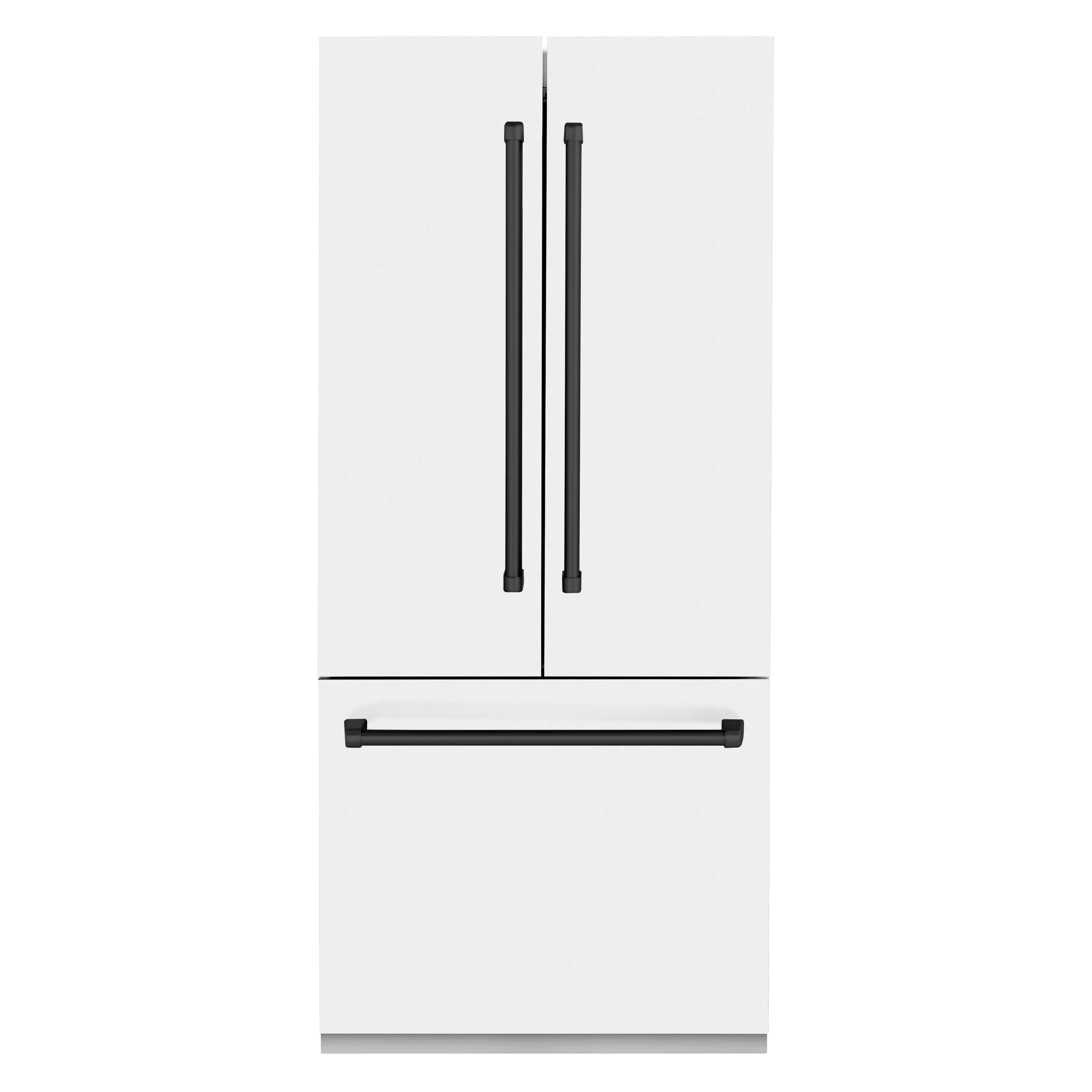 White refrigerator exterior with two matte black vertical handles and a bottom freezer handle