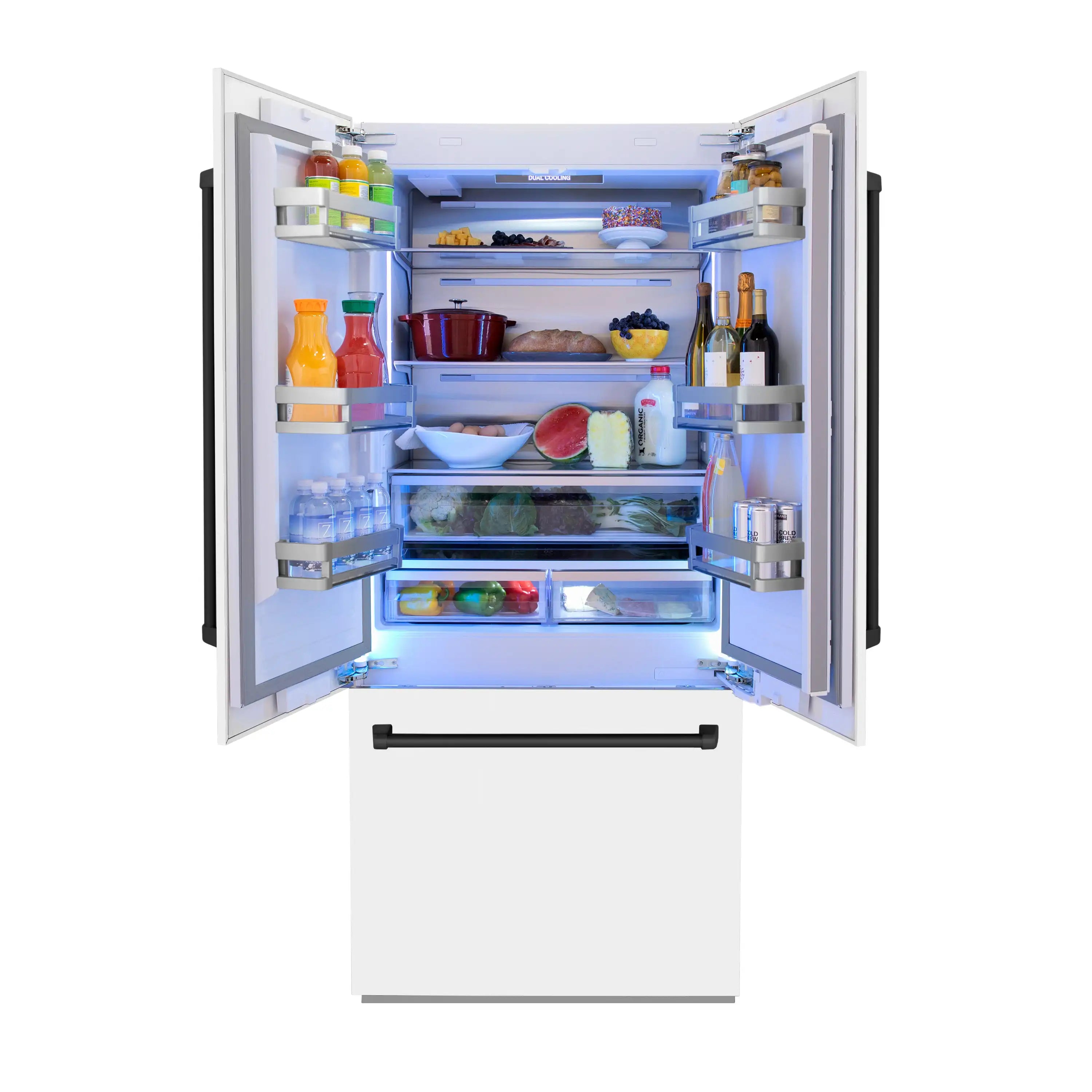 White bottom-freezer refrigerator open, showing interior shelves, bins, and drawer