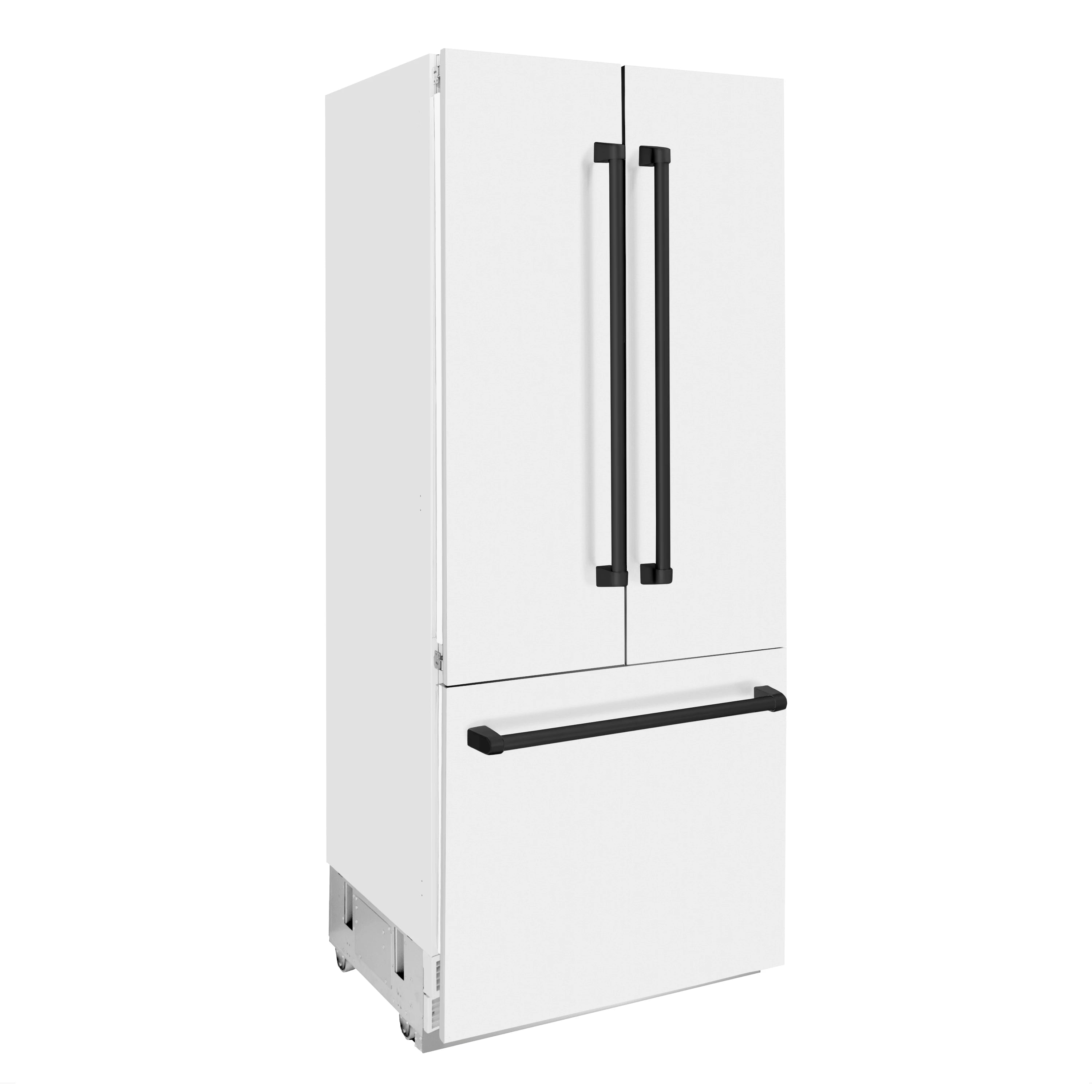 White two-door refrigerator with matte black vertical handles and bottom freezer bar handle