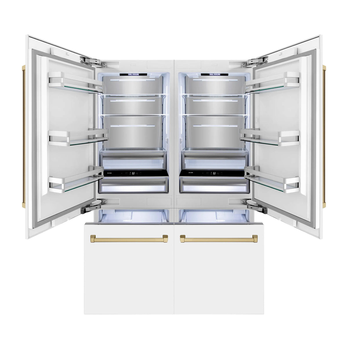 White French door refrigerator with internal shelves and two bottom drawers, doors open