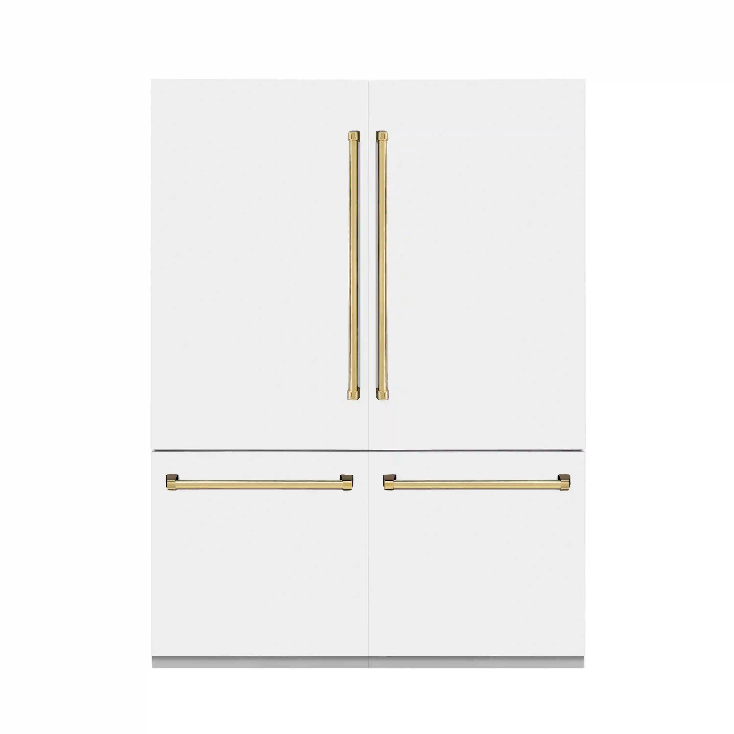 White refrigerator doors with dual vertical gold handles and matching bar pulls