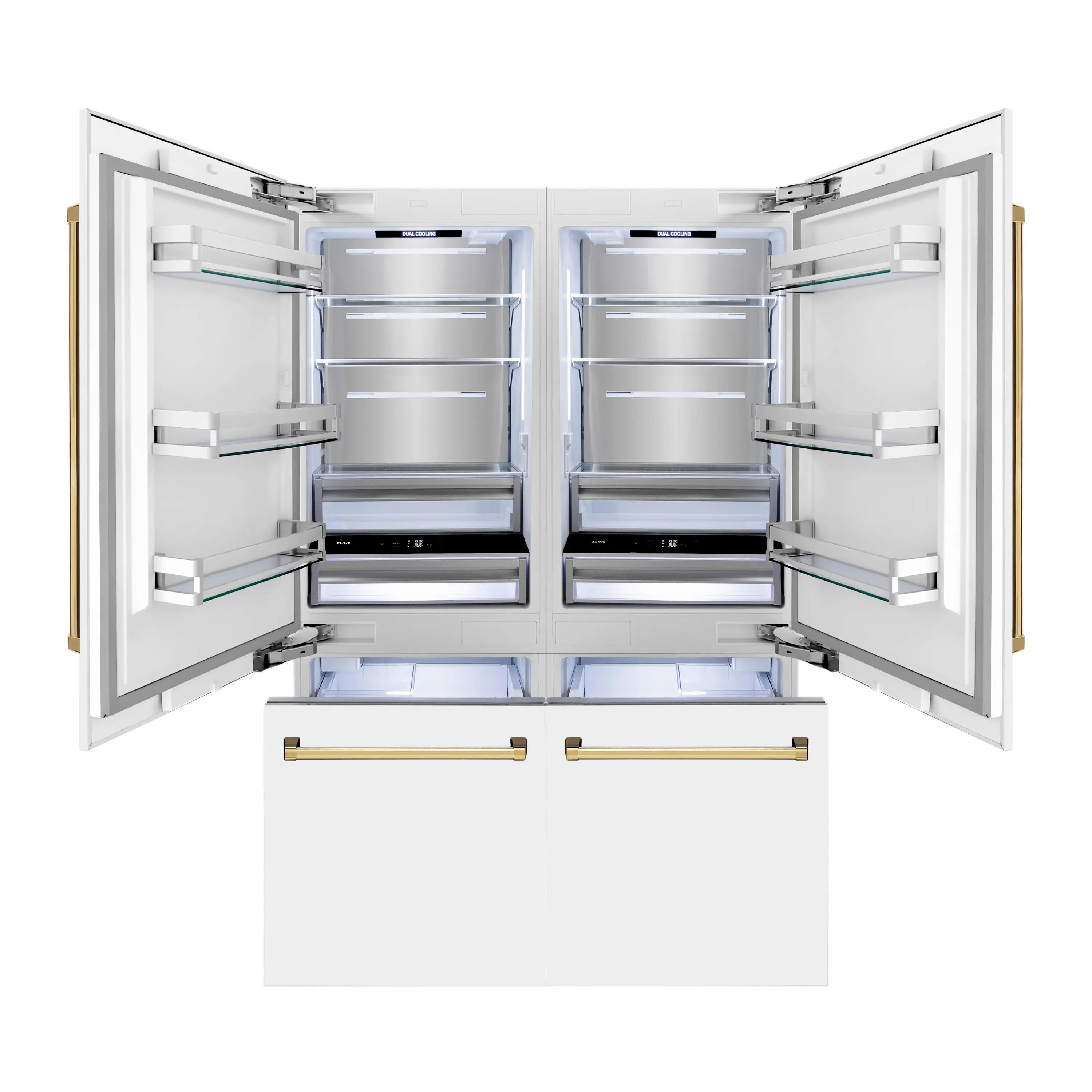 Open white refrigerator with interior shelves and bins in a two-compartment layout