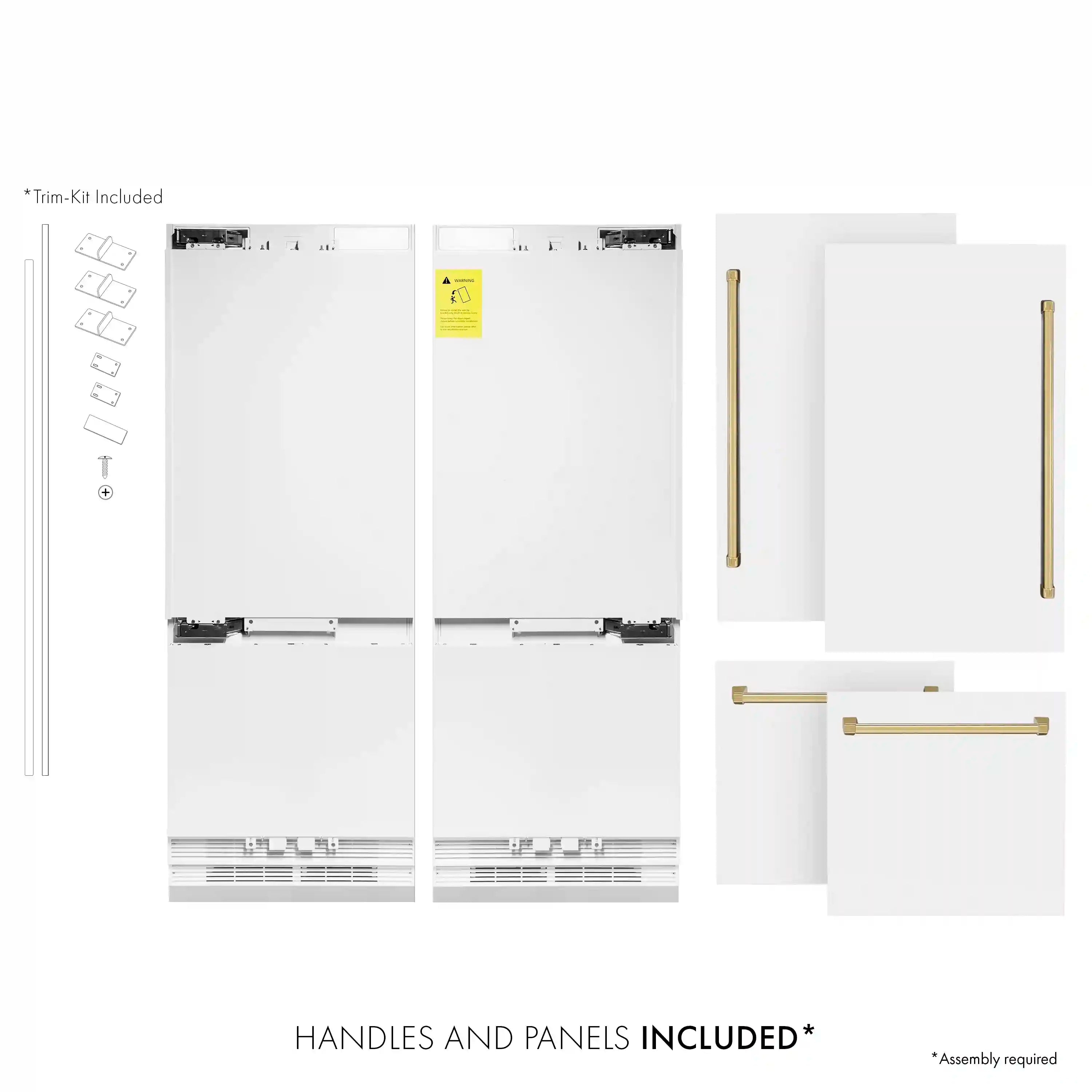 Refrigerator door panels and gold handle bars shown as included disassembled parts