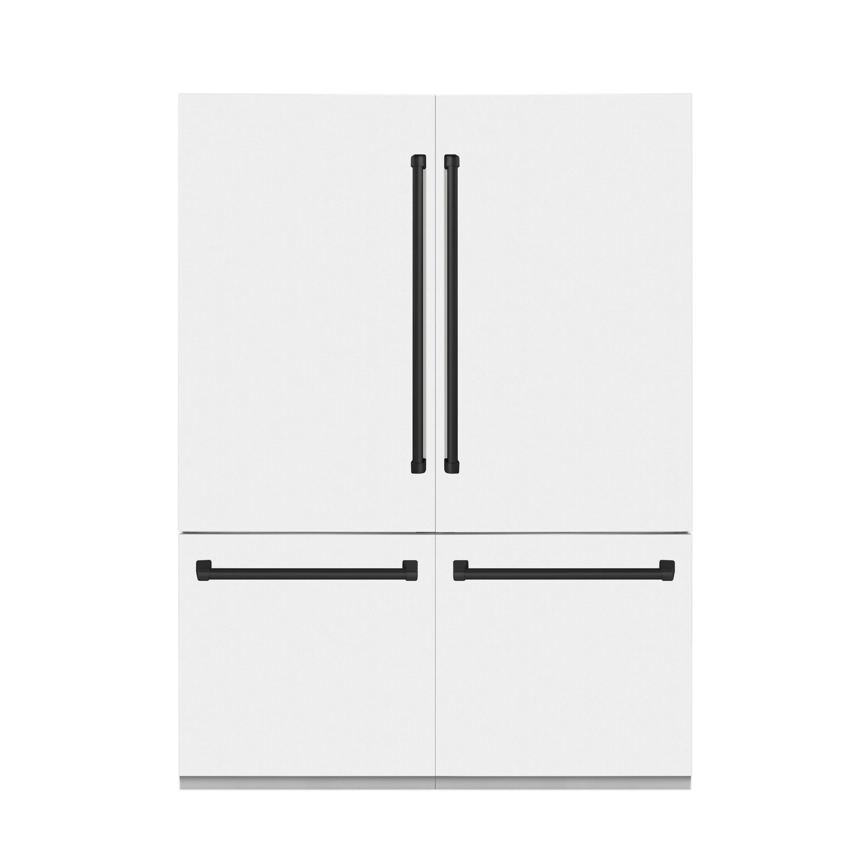 White French door refrigerator with matte black vertical handles and horizontal pulls