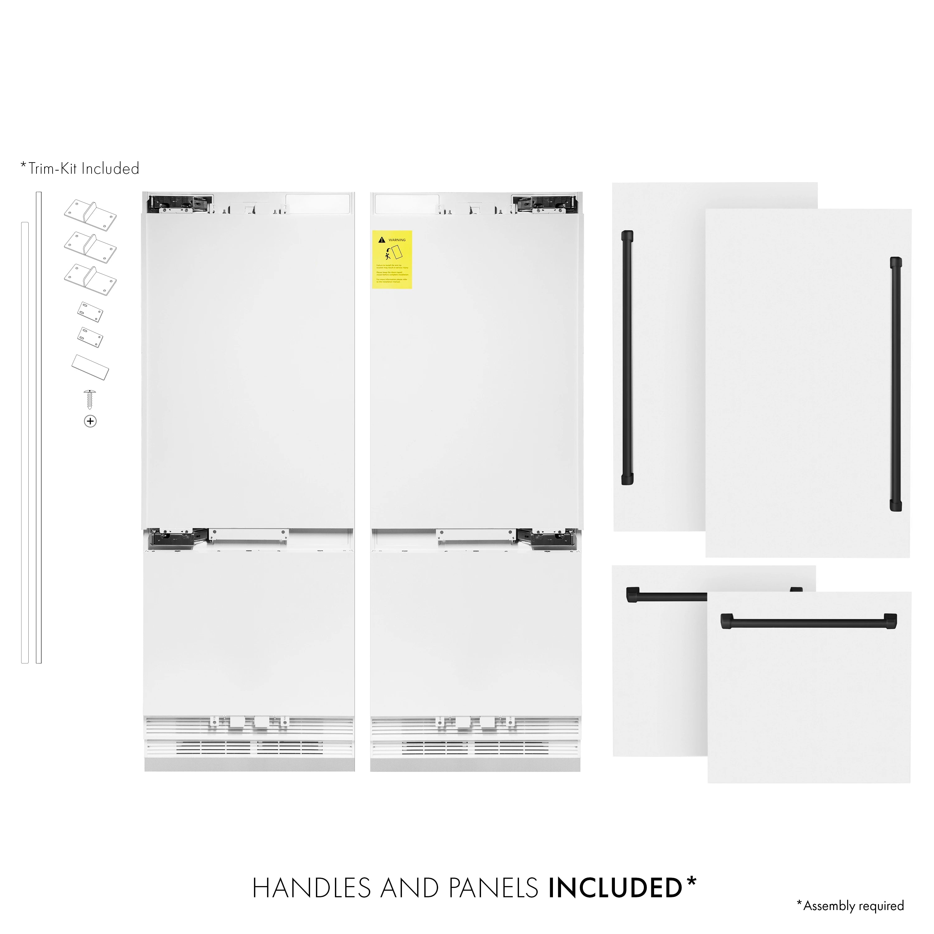 White French door refrigerator with matte black handles; includes door panel kits and parts