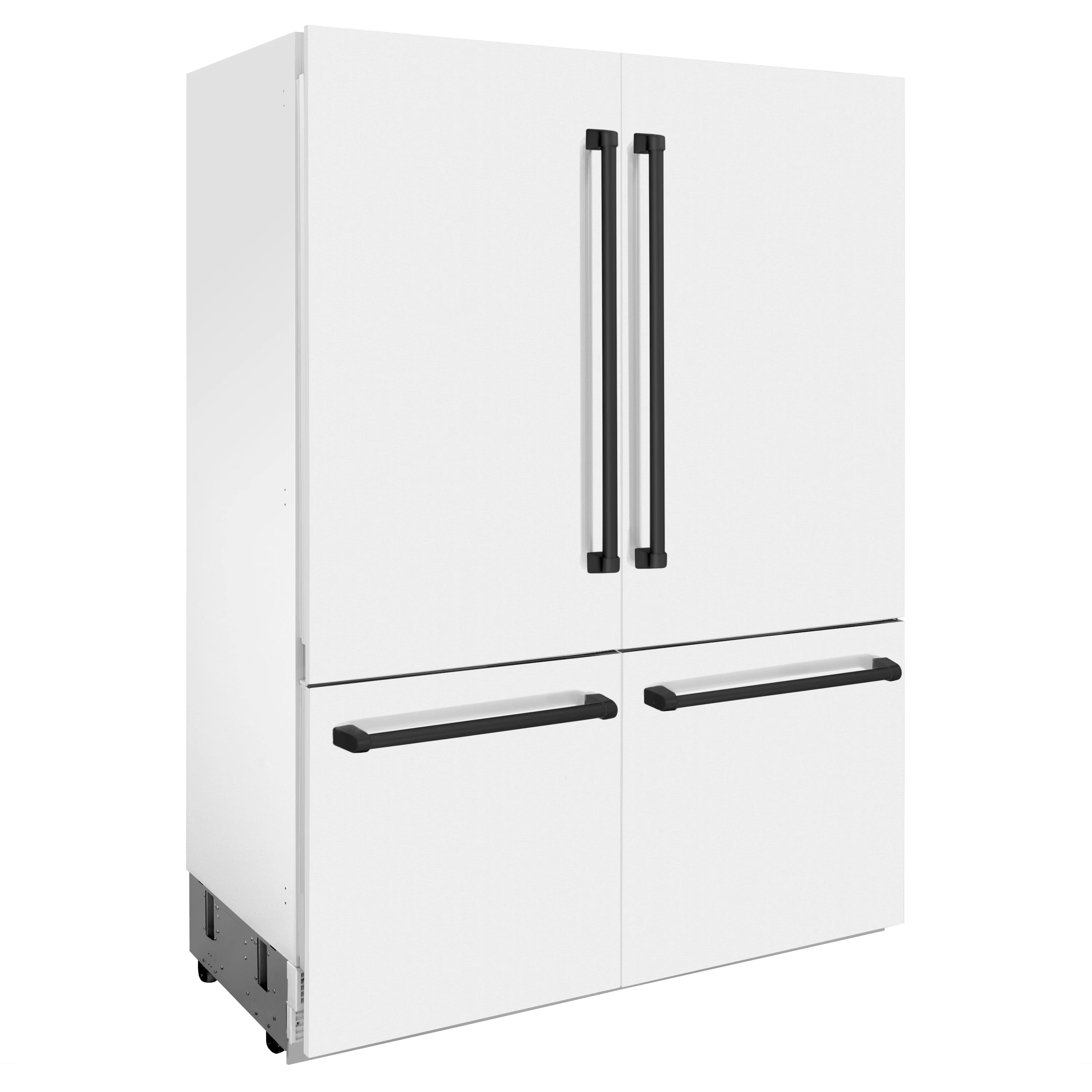 White 4-door French door refrigerator with matte black bar handles and lower drawers