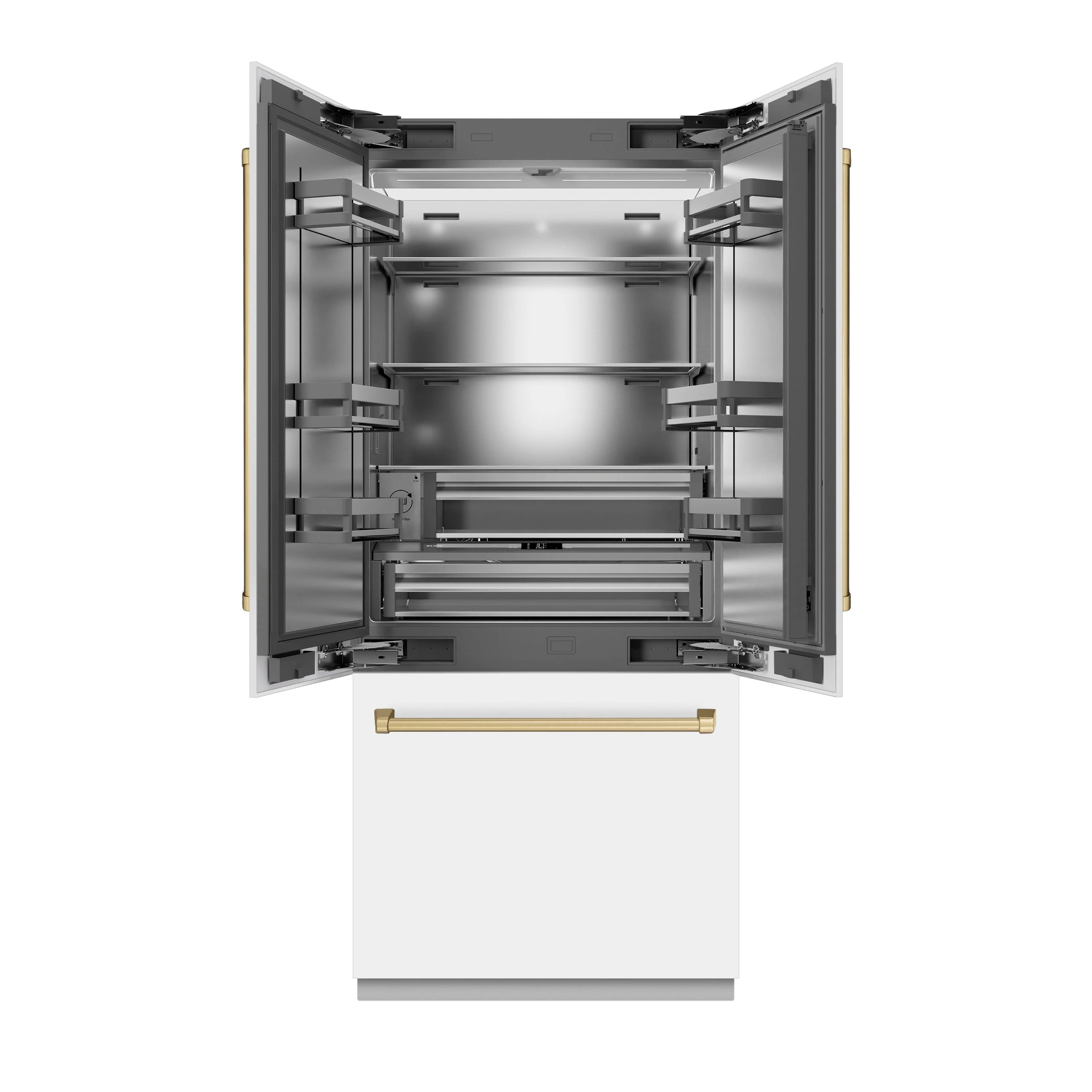 Open refrigerator interior with French doors and adjustable wire shelves