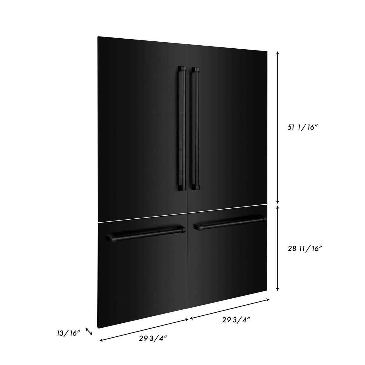 Black stainless refrigerator door panel with center vertical handles and lower split doors