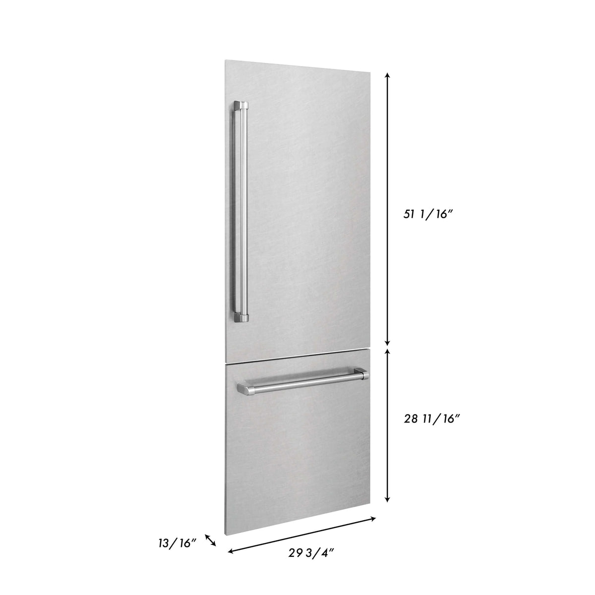 Stainless steel refrigerator door panel with vertical and horizontal handles, dimensions