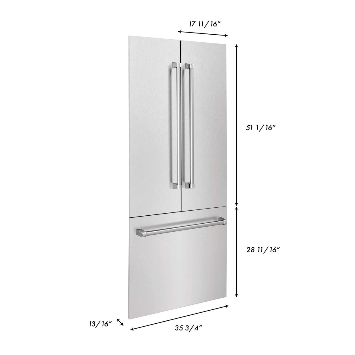 Stainless steel refrigerator door panel with vertical and horizontal handle dimensions