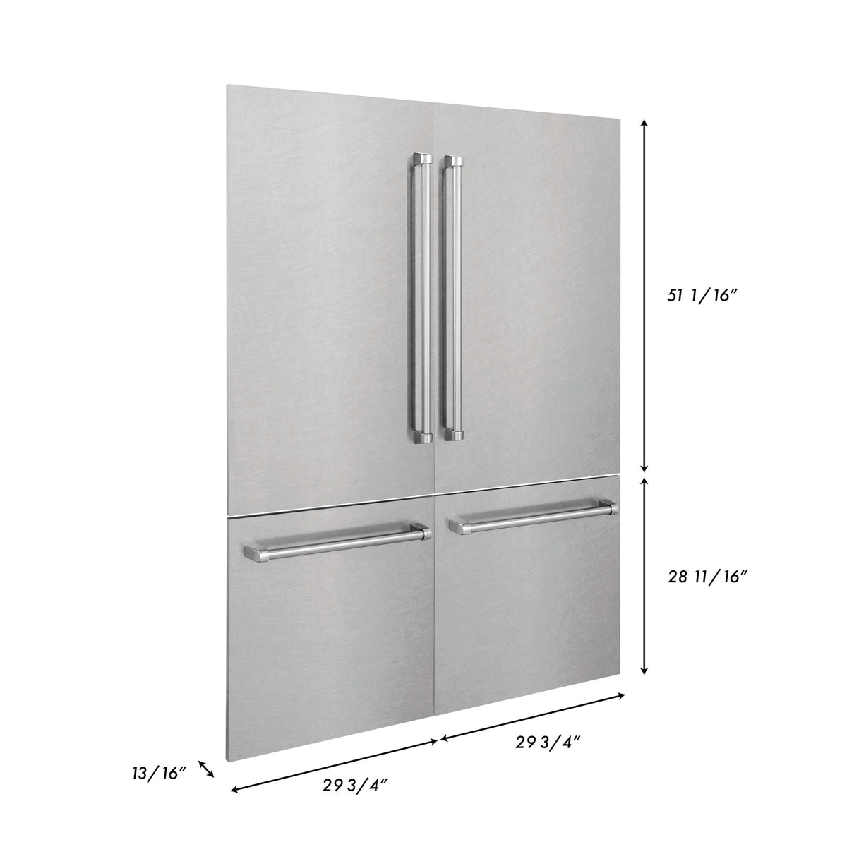 Stainless steel refrigerator panels with two vertical handles and a horizontal handle