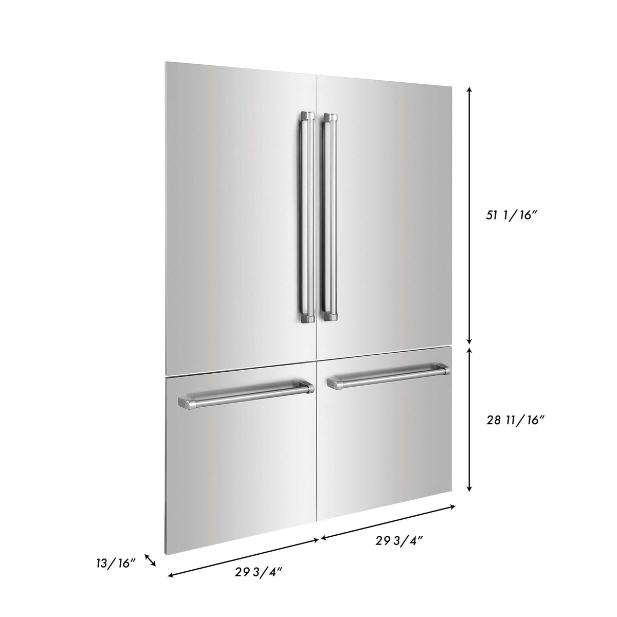 Stainless steel refrigerator door panel with vertical handles and horizontal bar handle