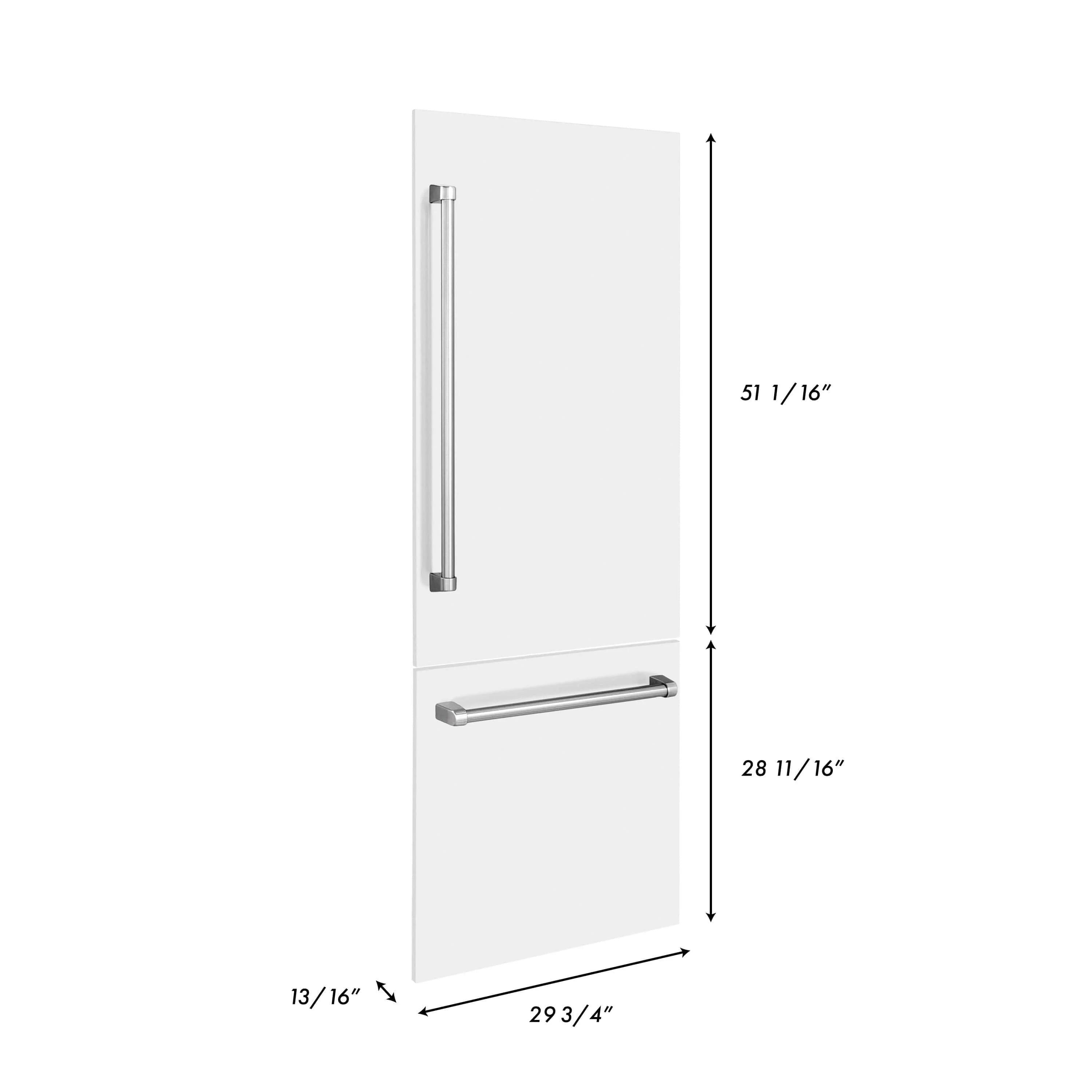 White matte refrigerator door panel with vertical and horizontal handles, dimensioned