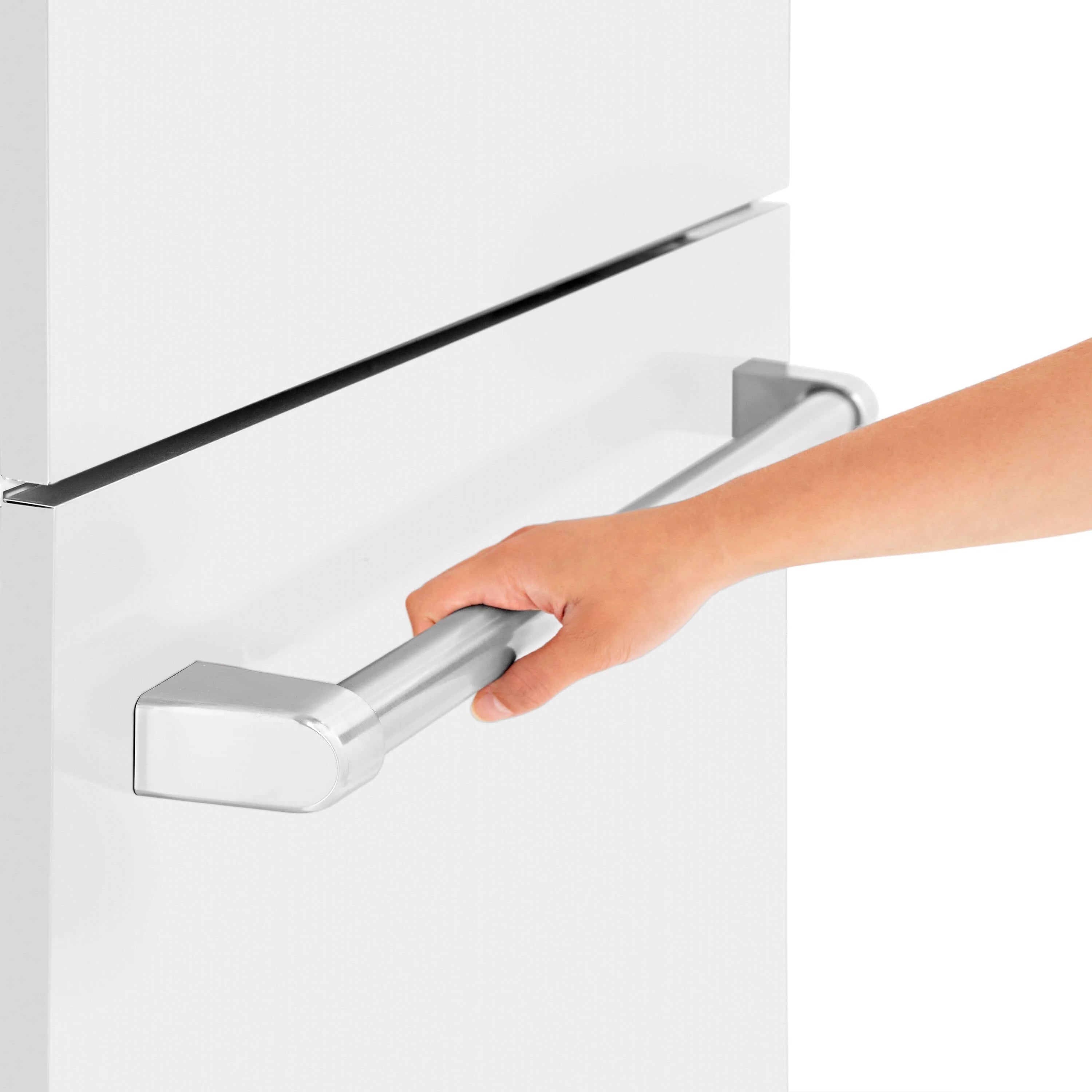 White matte refrigerator panel with brushed metal horizontal and vertical handles