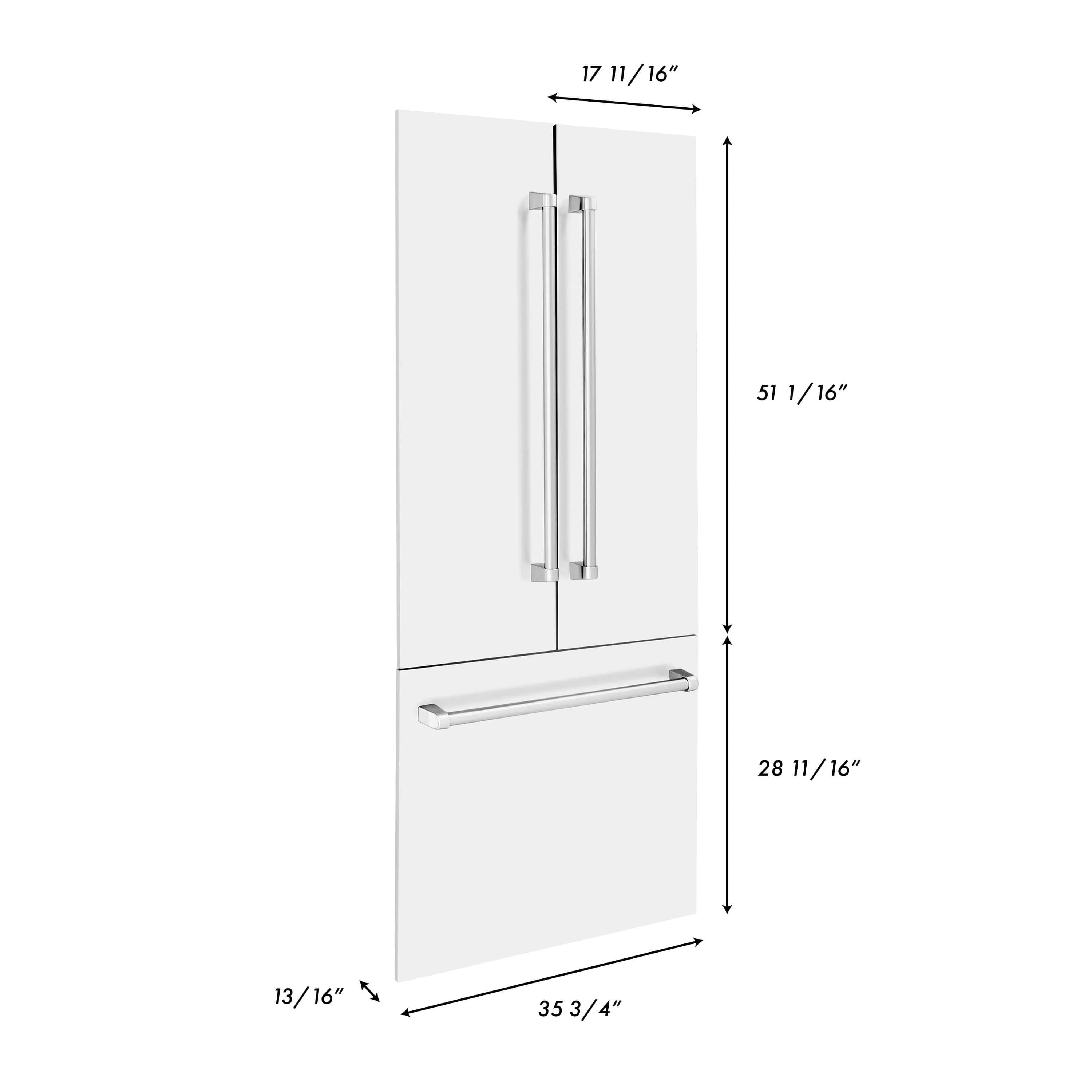Matte white refrigerator panel with vertical handles and one horizontal handle bar