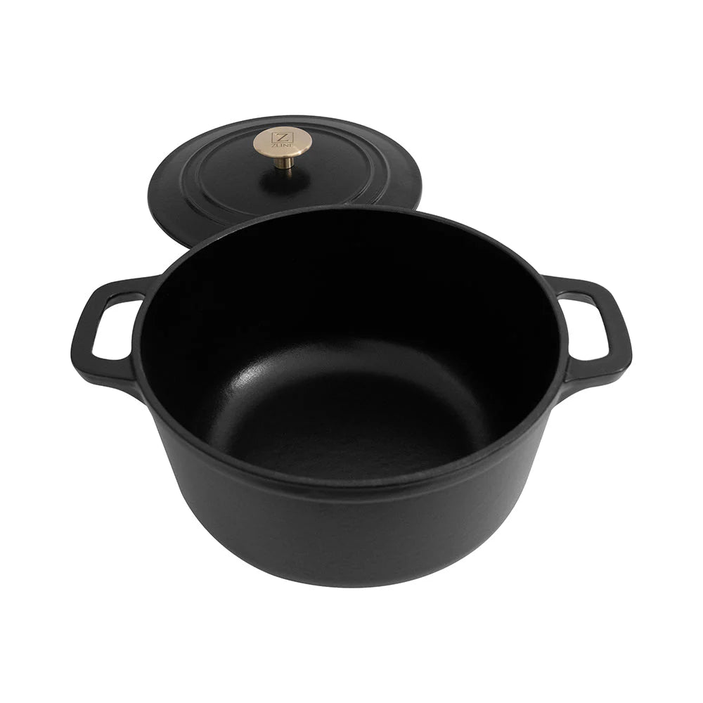 Matte black enameled cast iron Dutch oven with lid on, open interior, handles