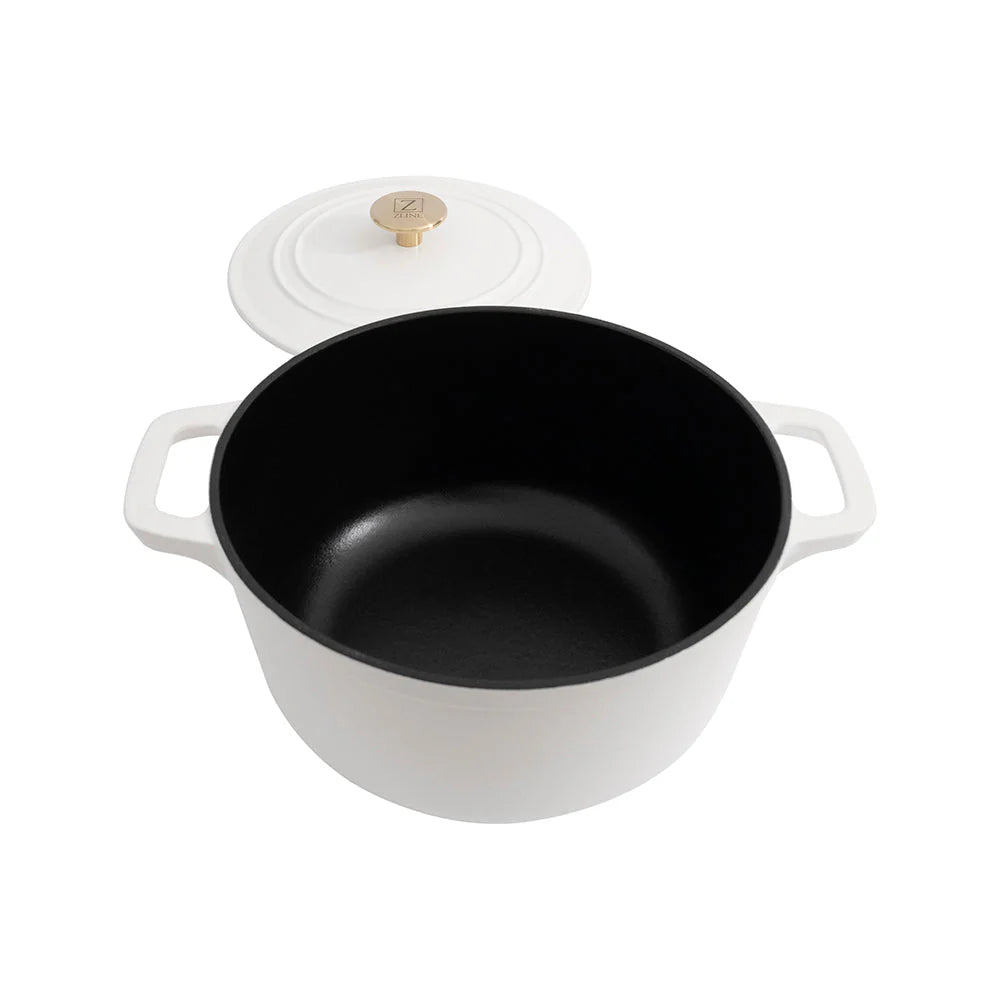 ZLINE enameled cast iron Dutch oven with black interior, white handles, gold knob