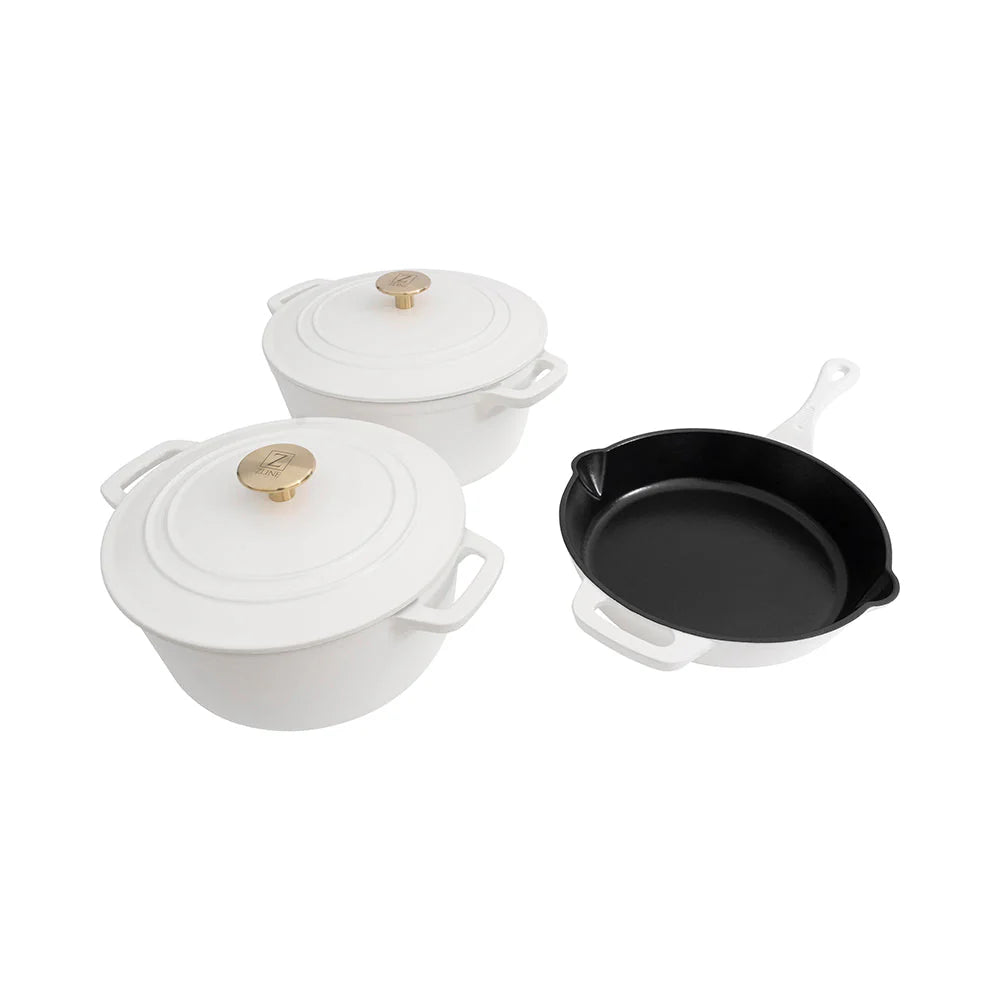 ZLINE enameled cookware set: two covered pots and skillet, white matte, gold knobs