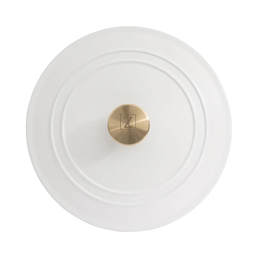 White matte enameled cast iron lid with gold knob