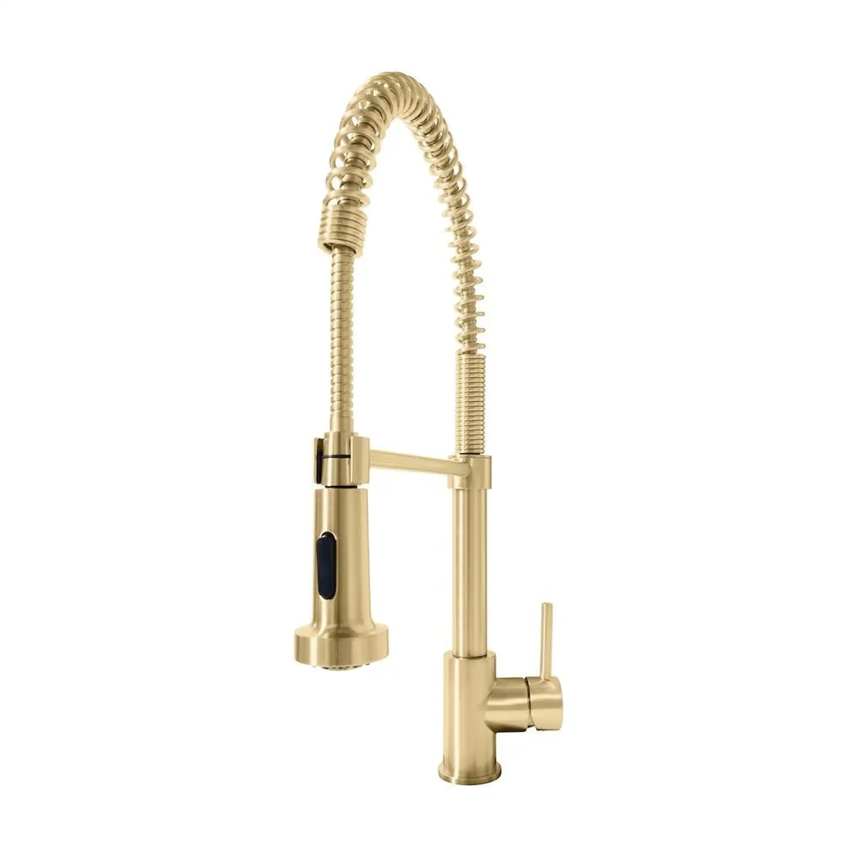 Champagne bronze kitchen faucet with high-arc spout and coiled sprayer hose
