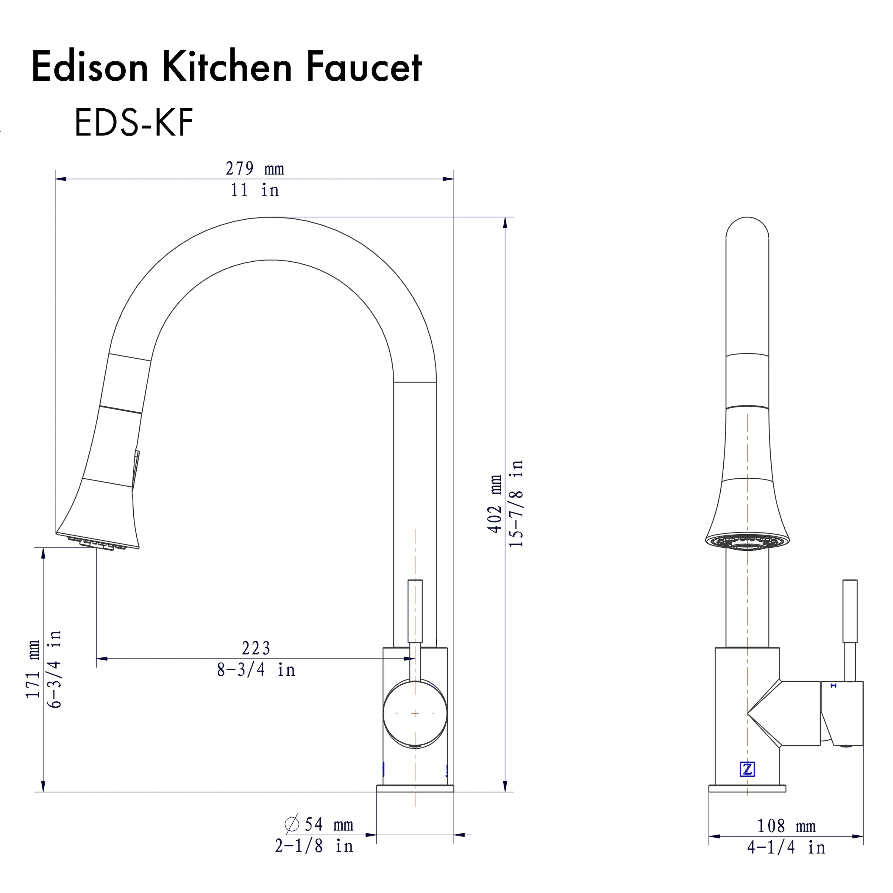 Kitchen faucet dimension diagram with labeled measurements