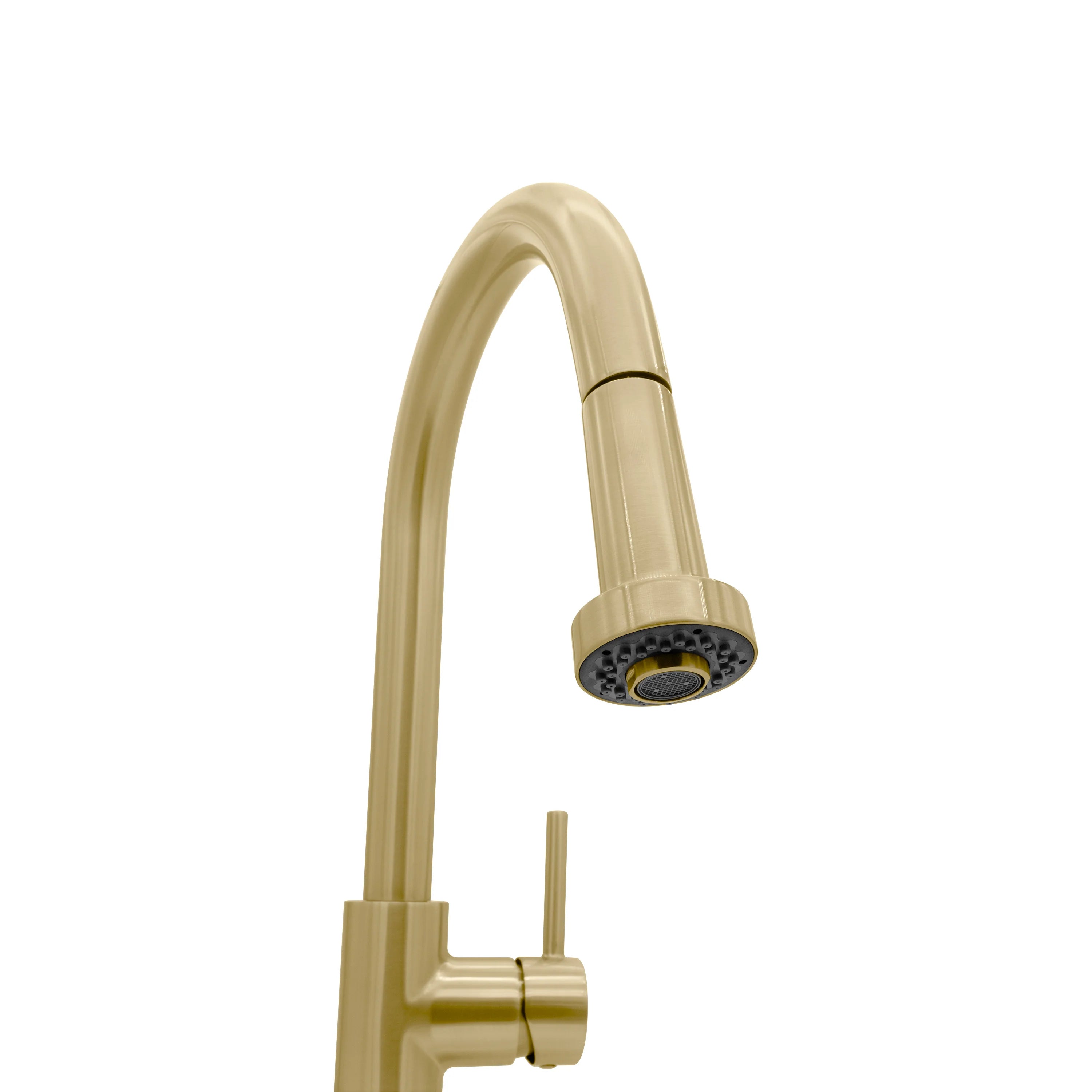 Champagne bronze kitchen faucet with arched spout and exposed aerator spray head