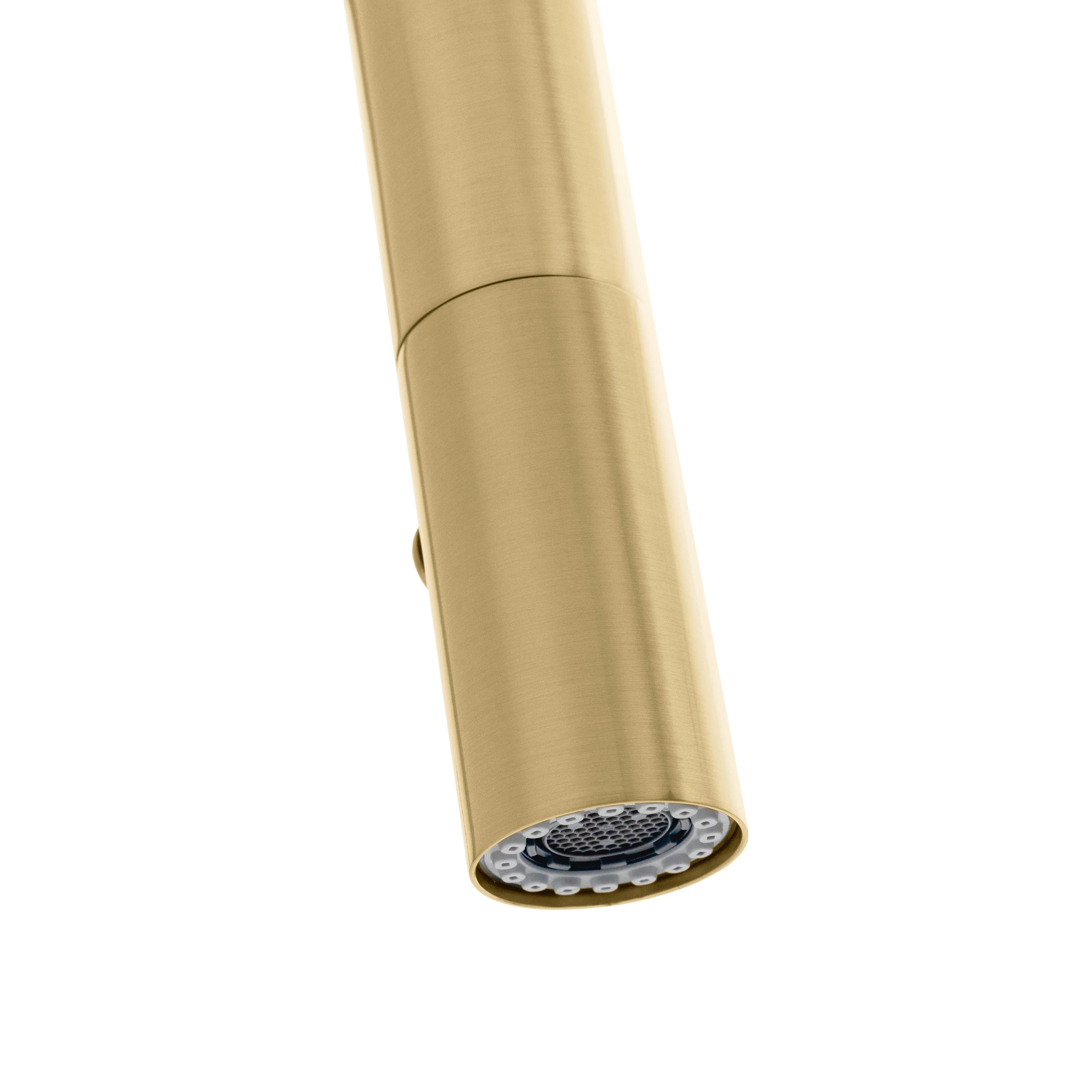 Champagne bronze faucet aerator underside with round spray face at the spout tip