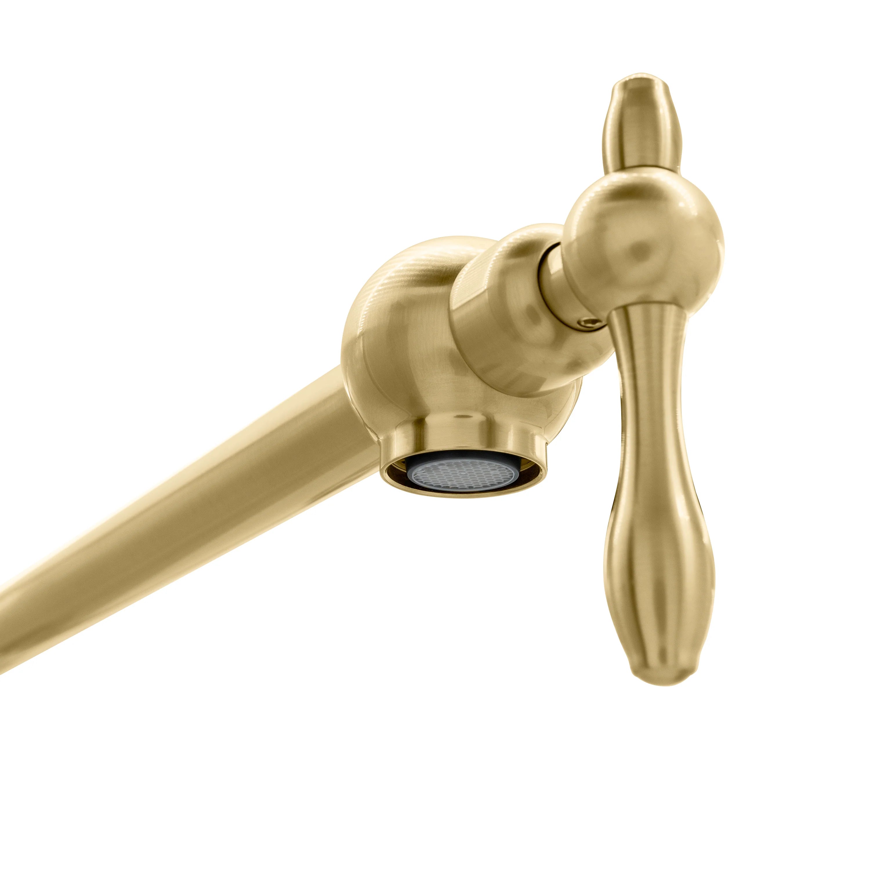 Champagne bronze pot filler faucet, curved handle and spray outlet detail