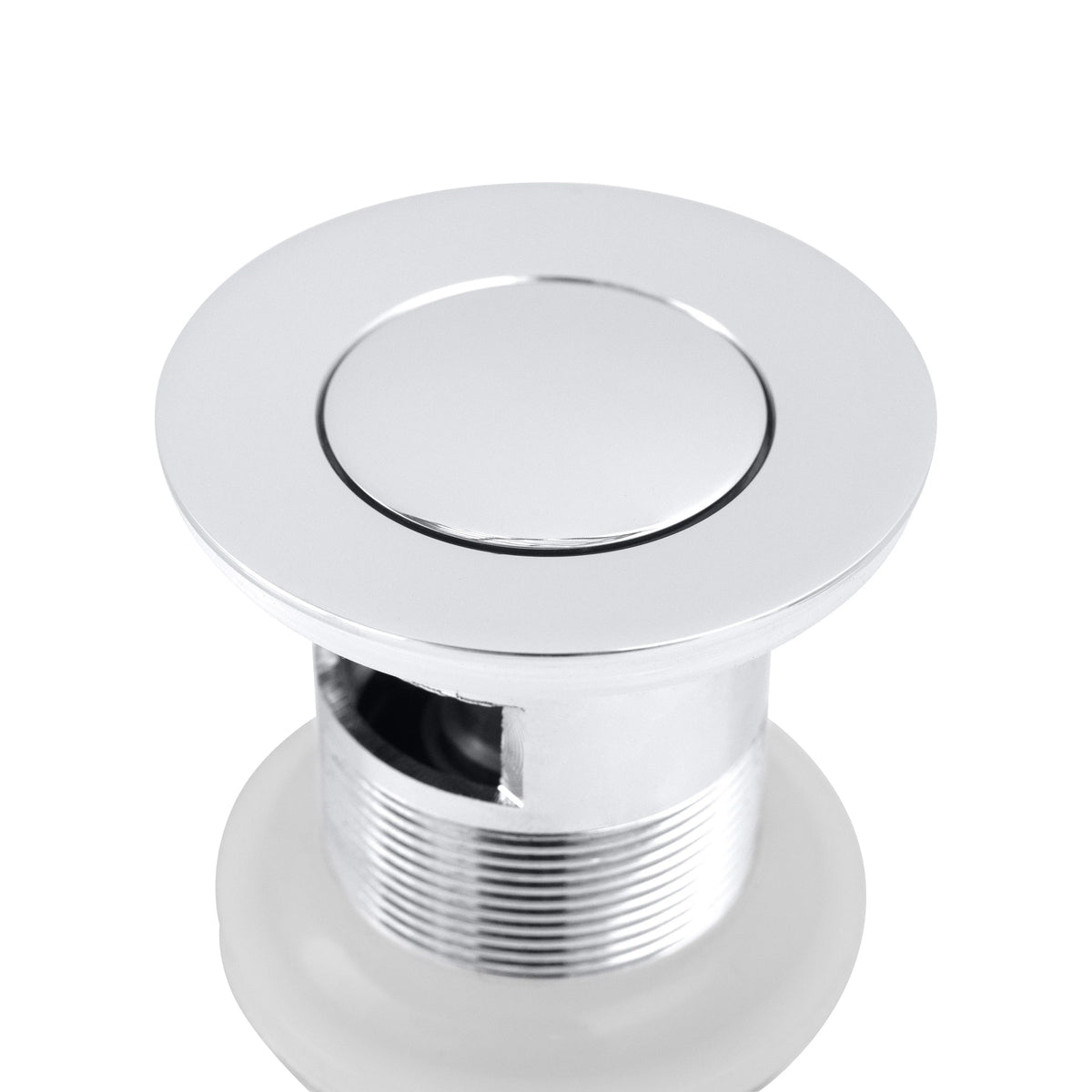 Chrome bathroom faucet pop-up top with round flat cap and threaded neck