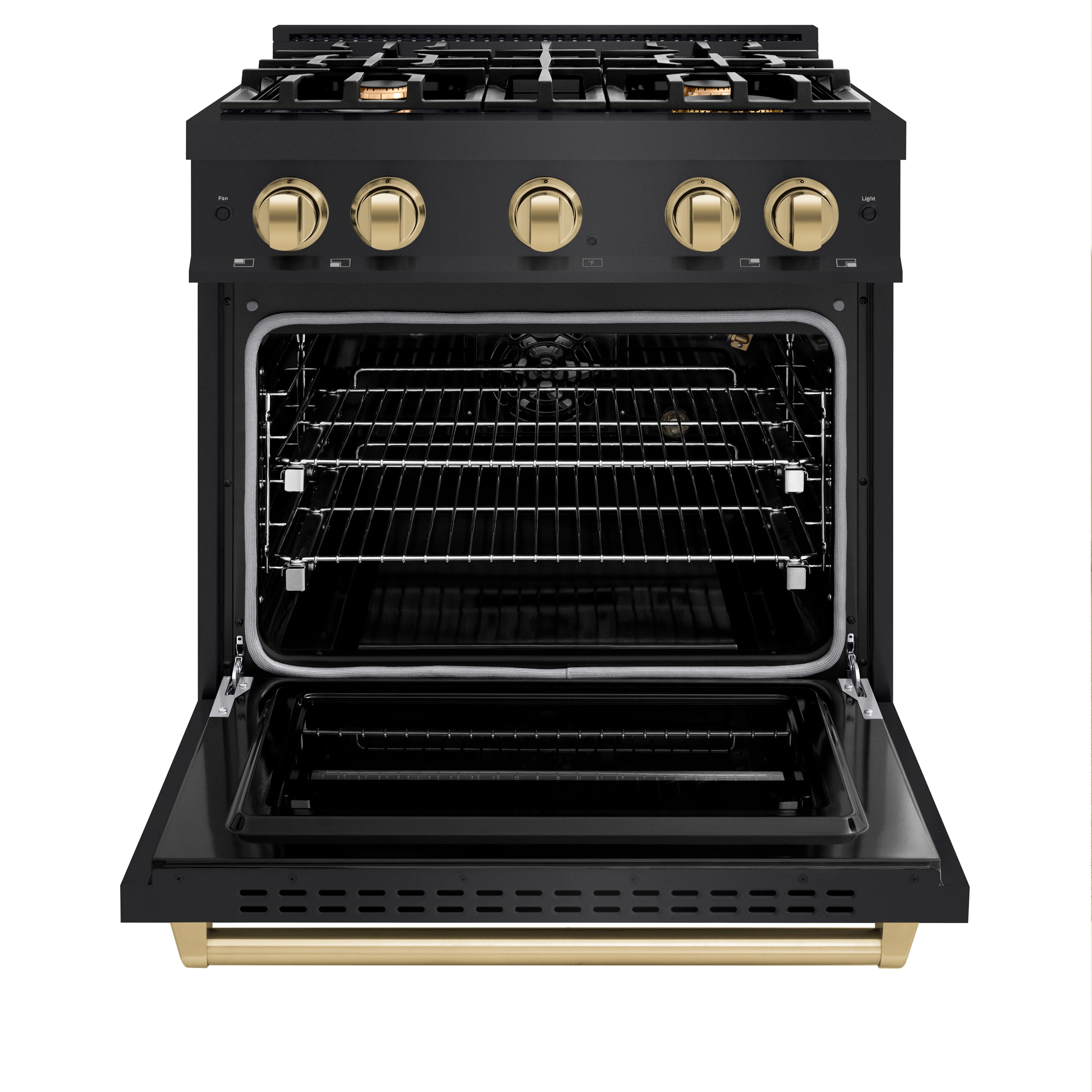Black gas range with open oven door and 4-burner cooktop with bronze knobs