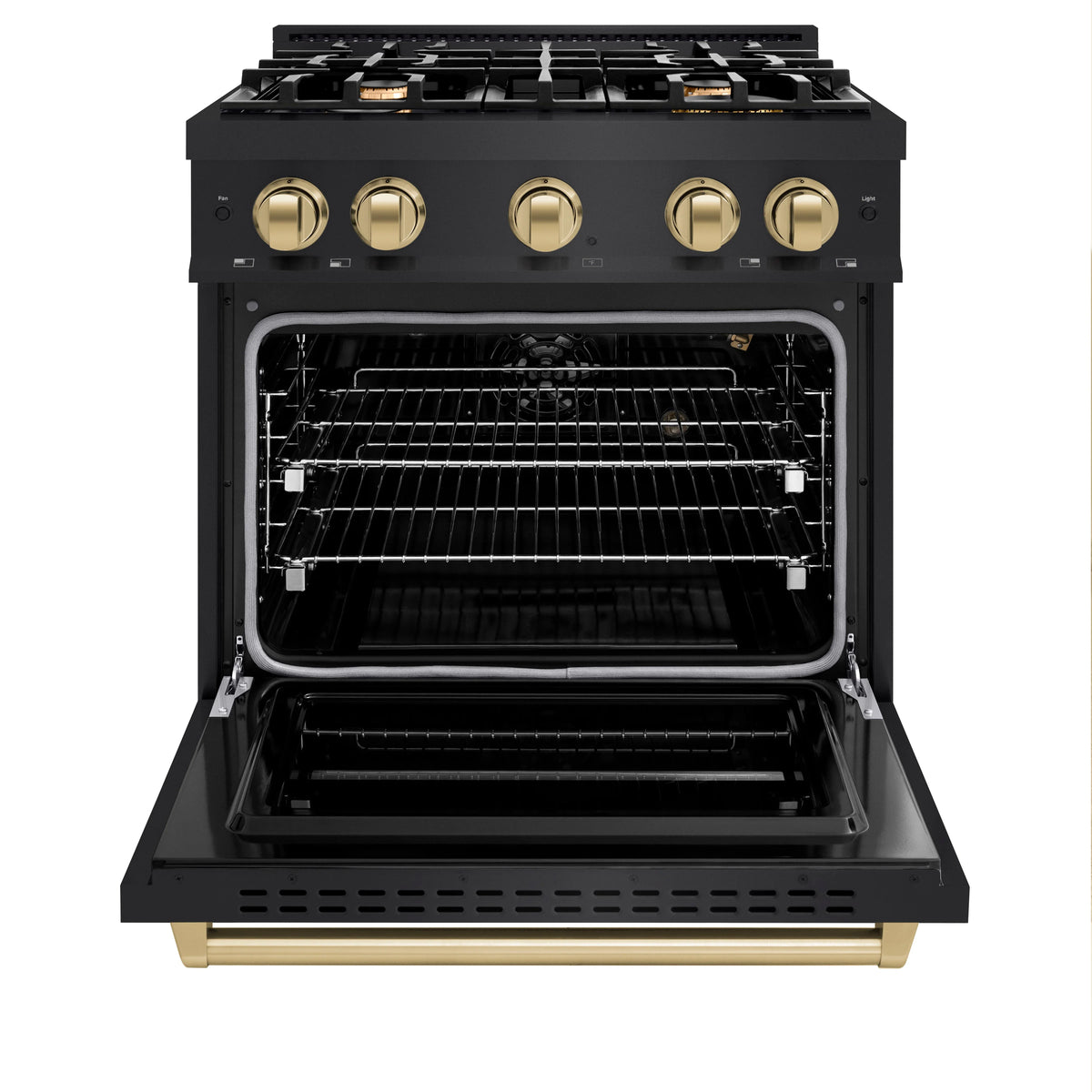Black stainless gas range with visible oven interior and champagne bronze control knobs