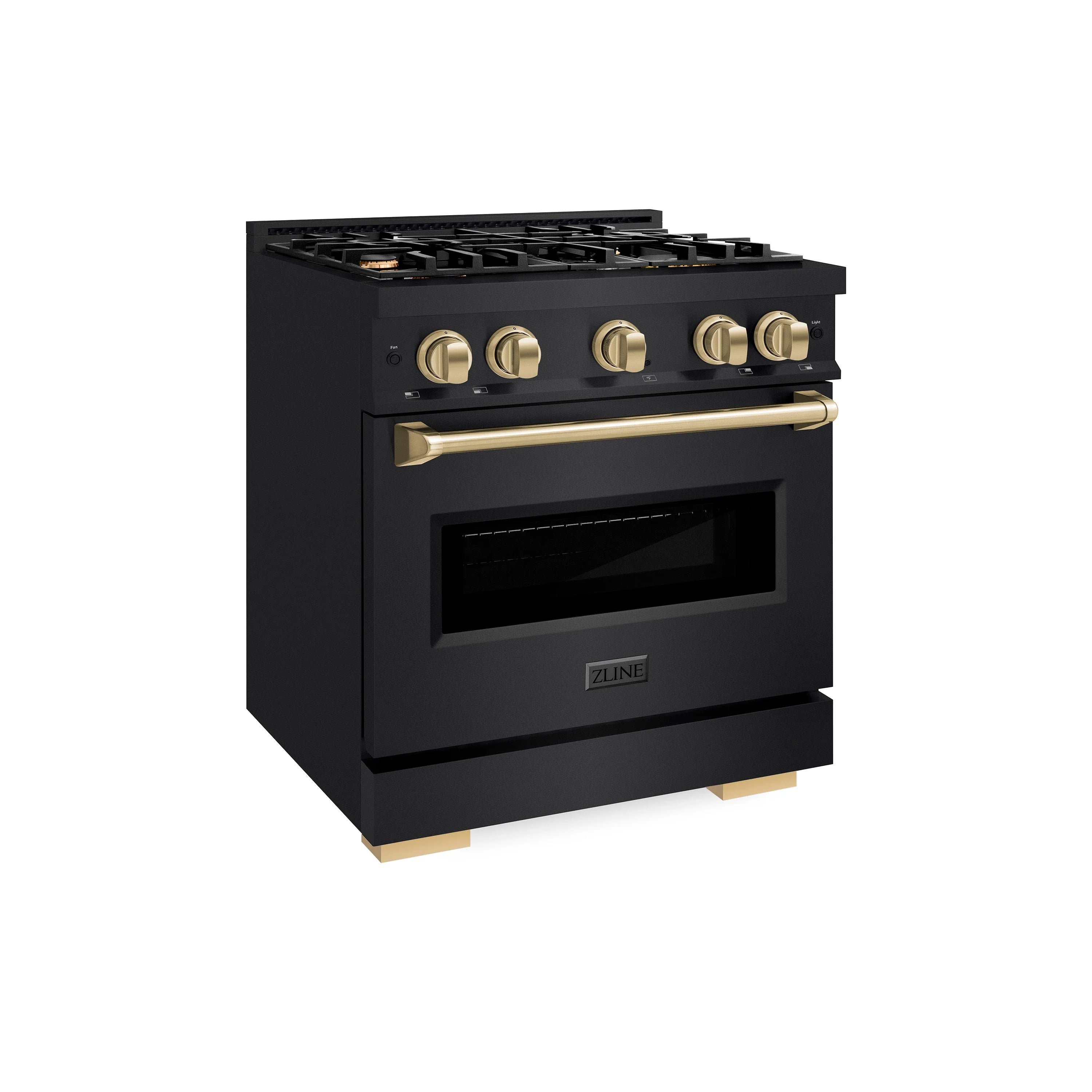 Black gas range with champagne bronze handle, bronze knobs, and four burner grates