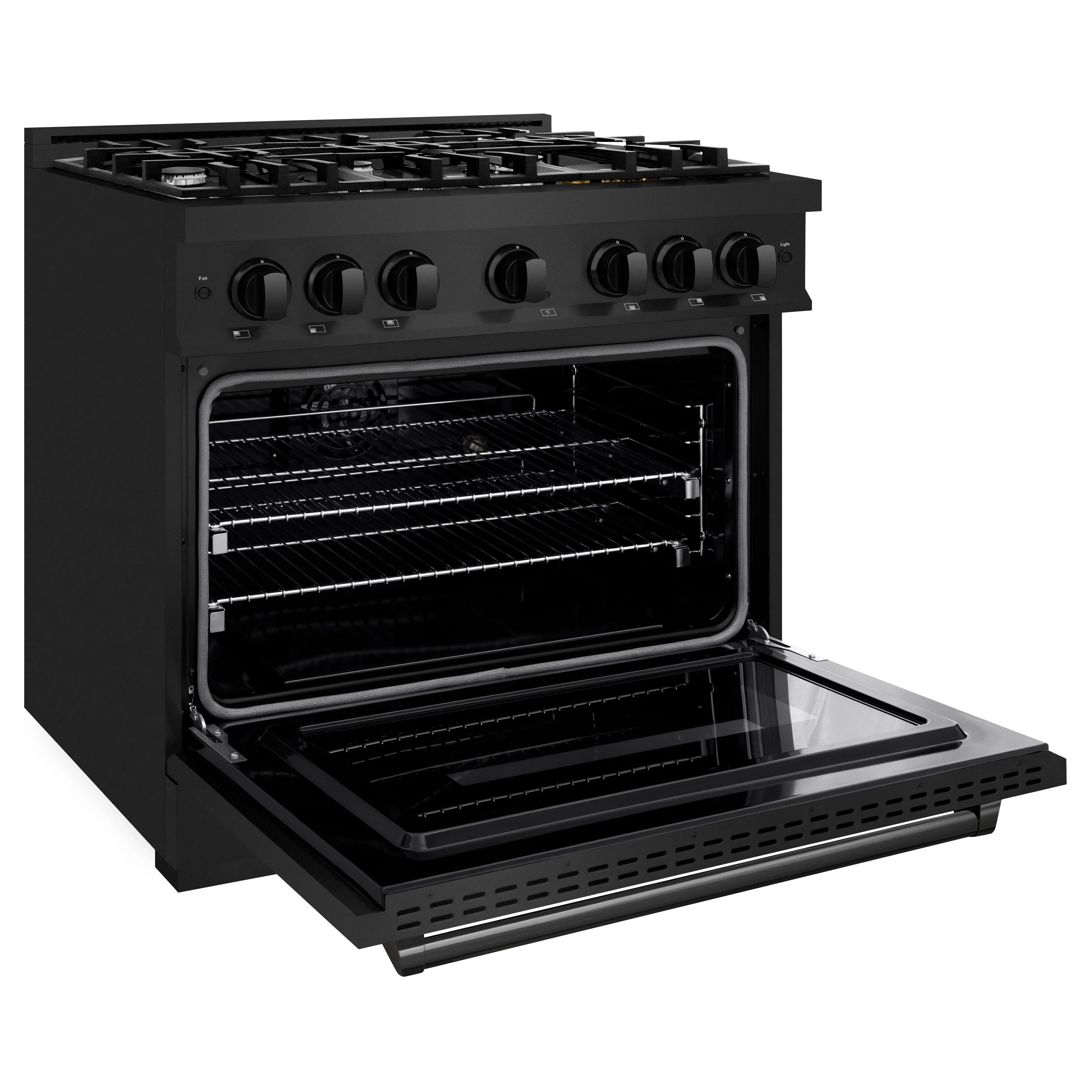 Black dual fuel range with oven door open and pull-out lower rack tray