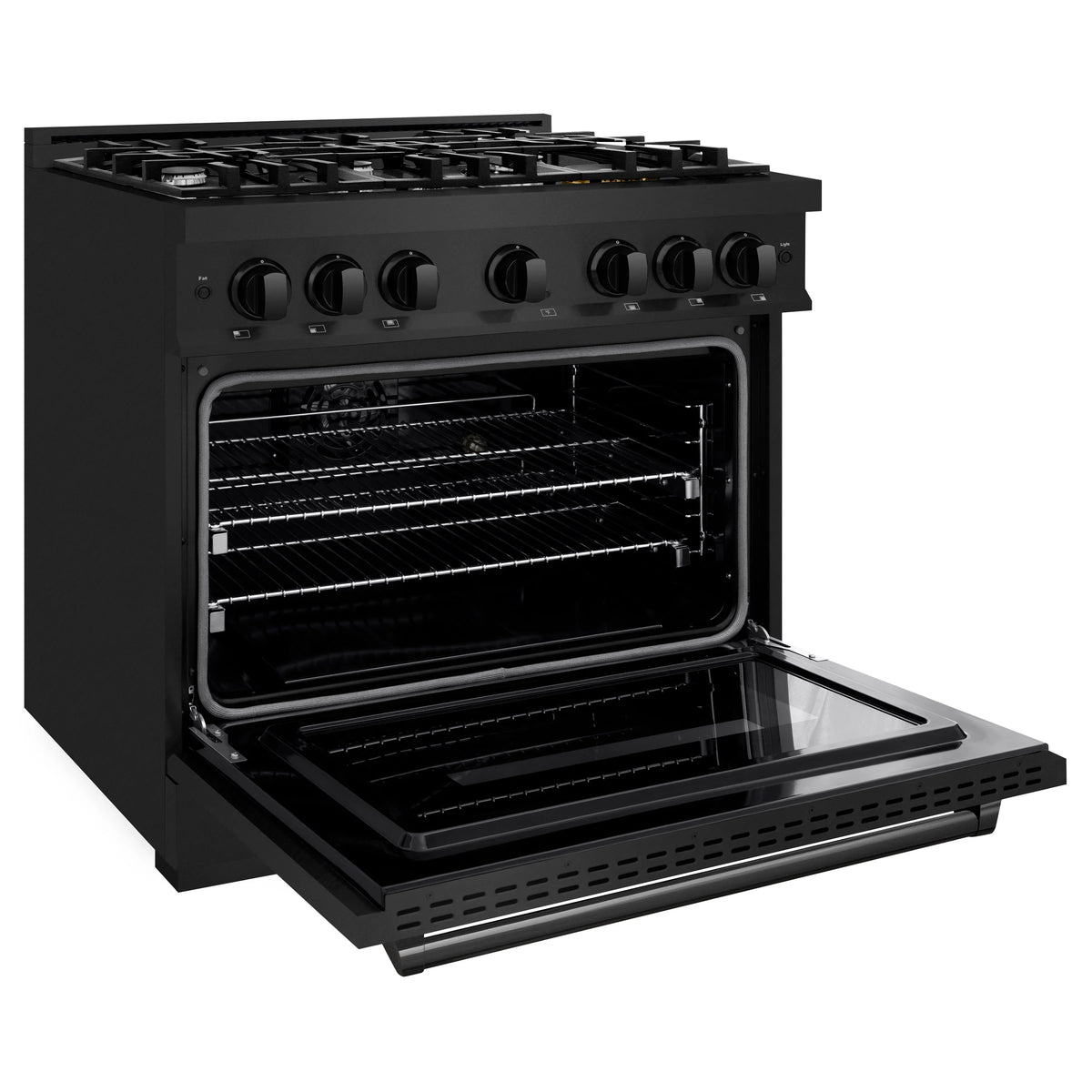 Black stainless steel dual fuel range with open oven door and slide-out rack