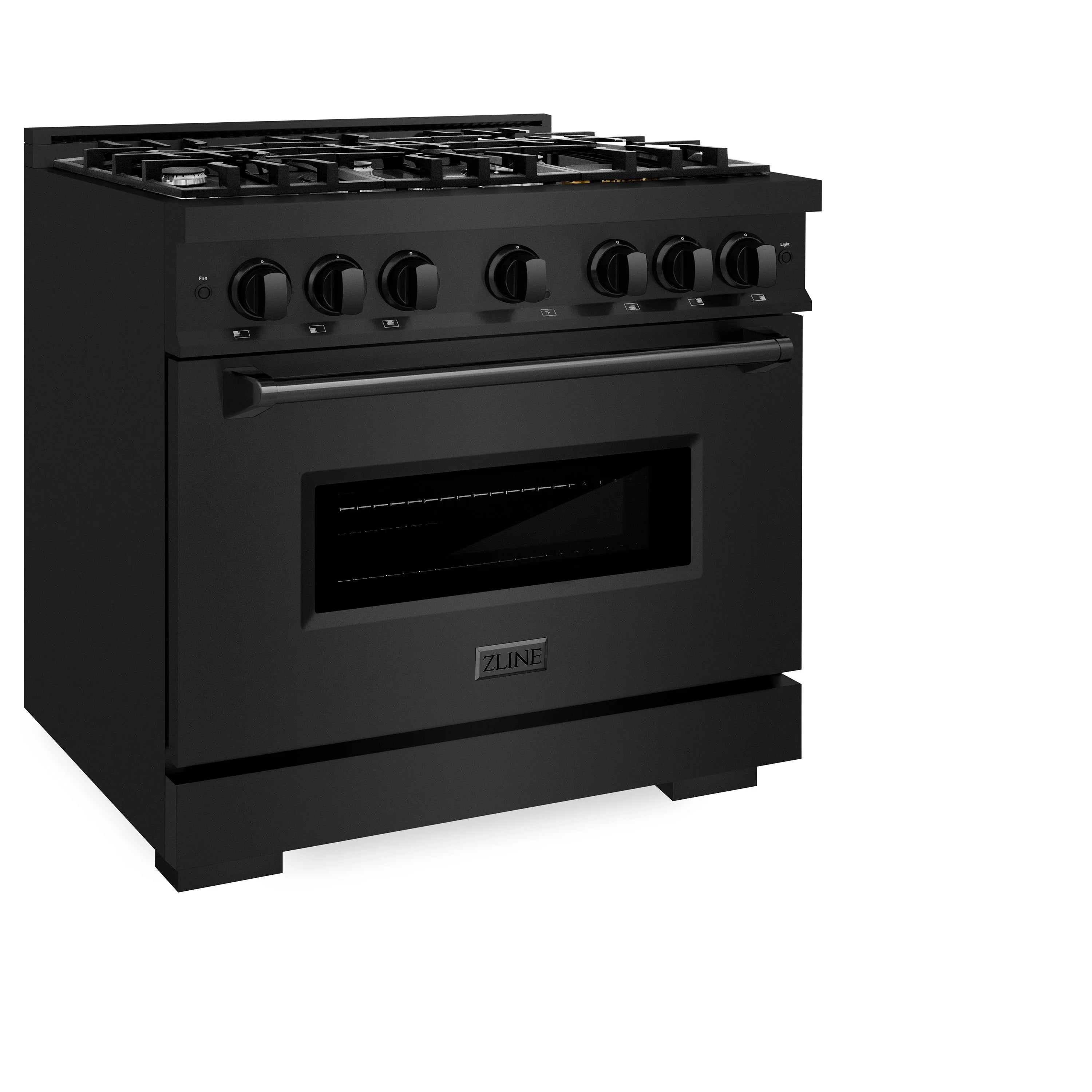 Black freestanding range with oven door and six-burner cooktop with control knobs