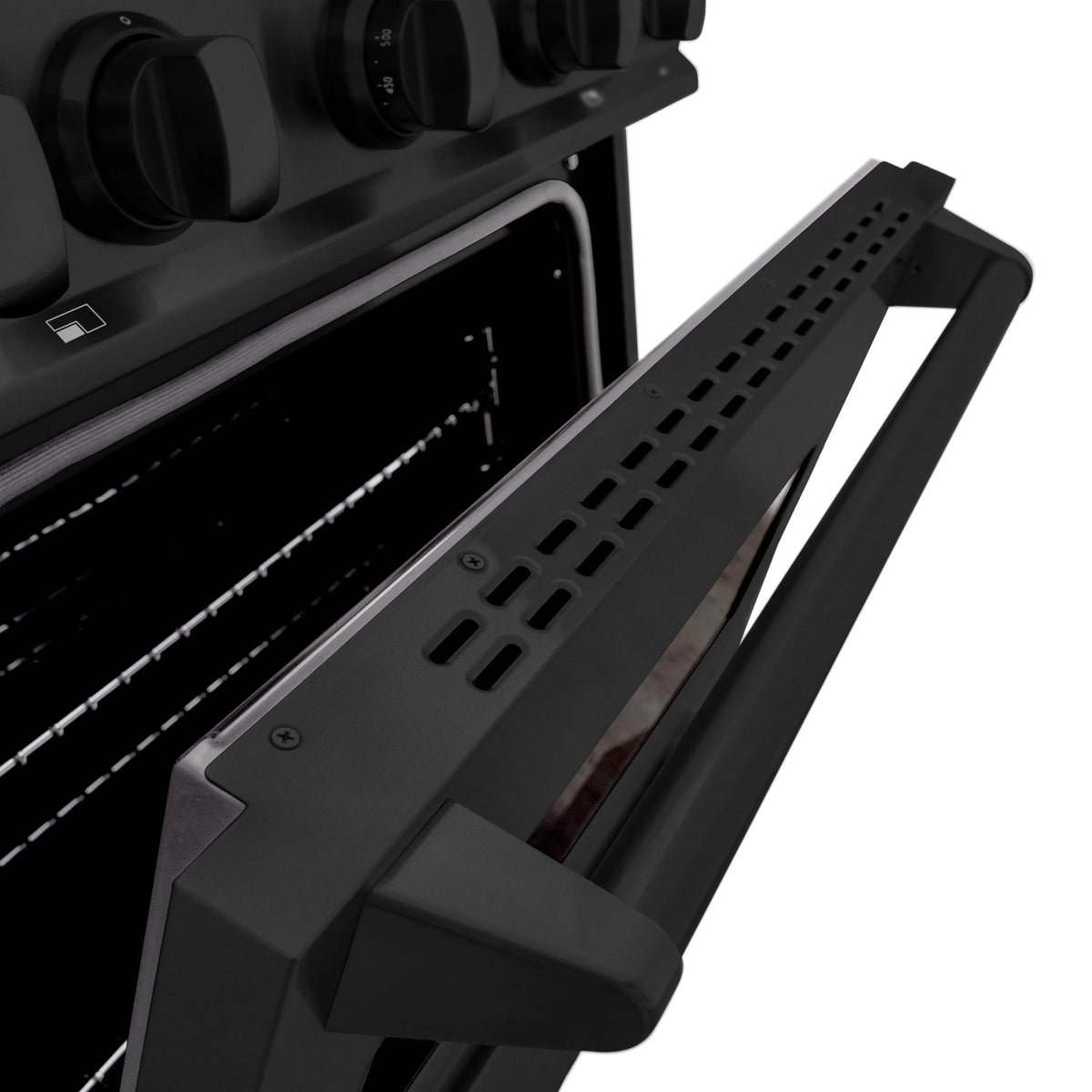 Black gas range pull-out oven tray/handle rail with vented panel