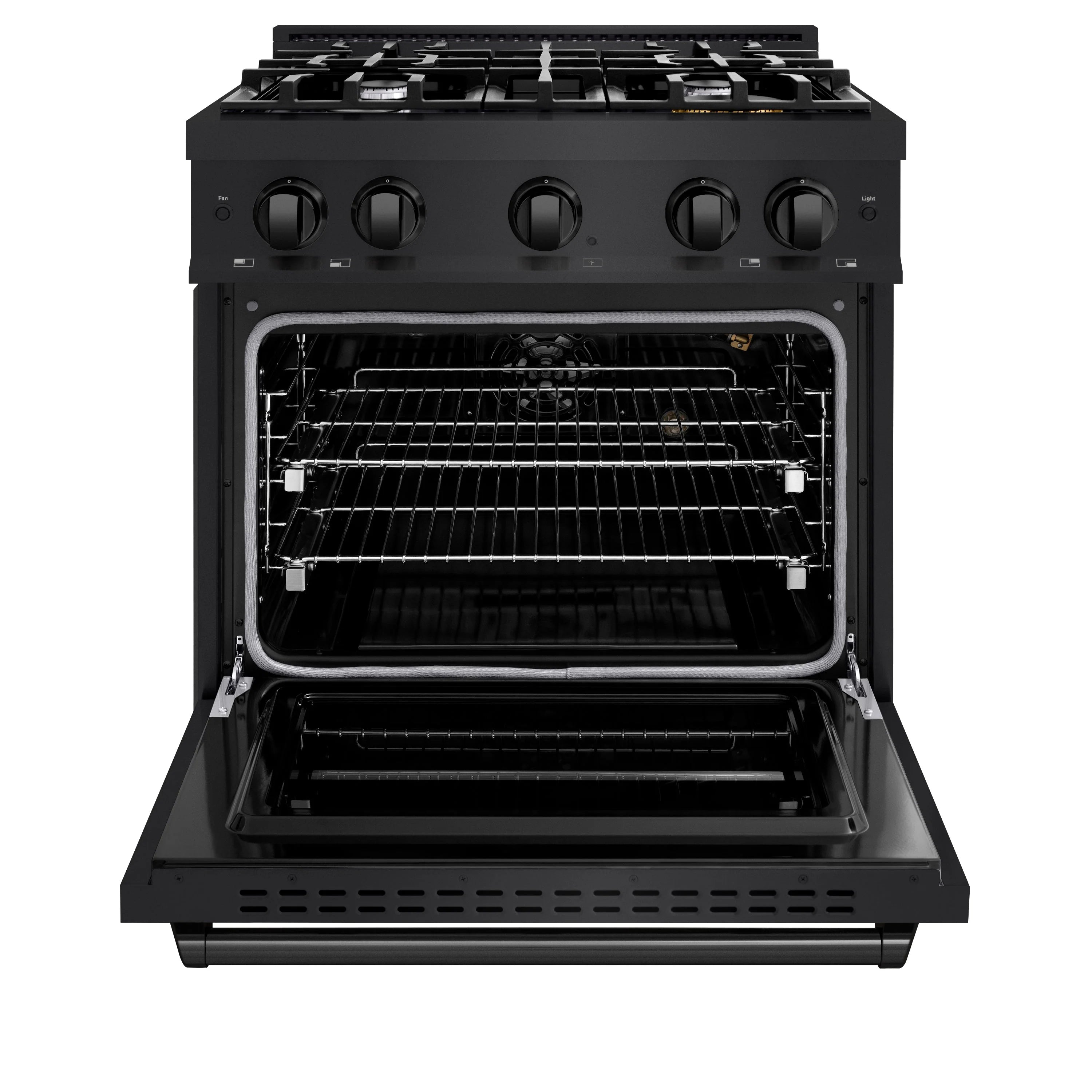 Black stainless steel gas range with oven door open and wire racks inside