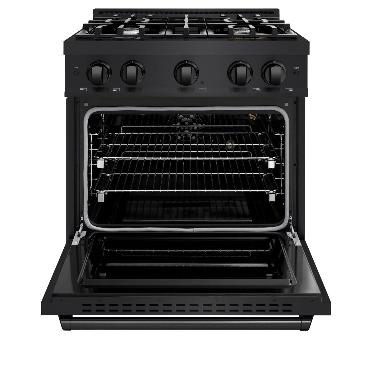 ZLINE 30-inch gas range with oven door open, visible racks and interior cavity