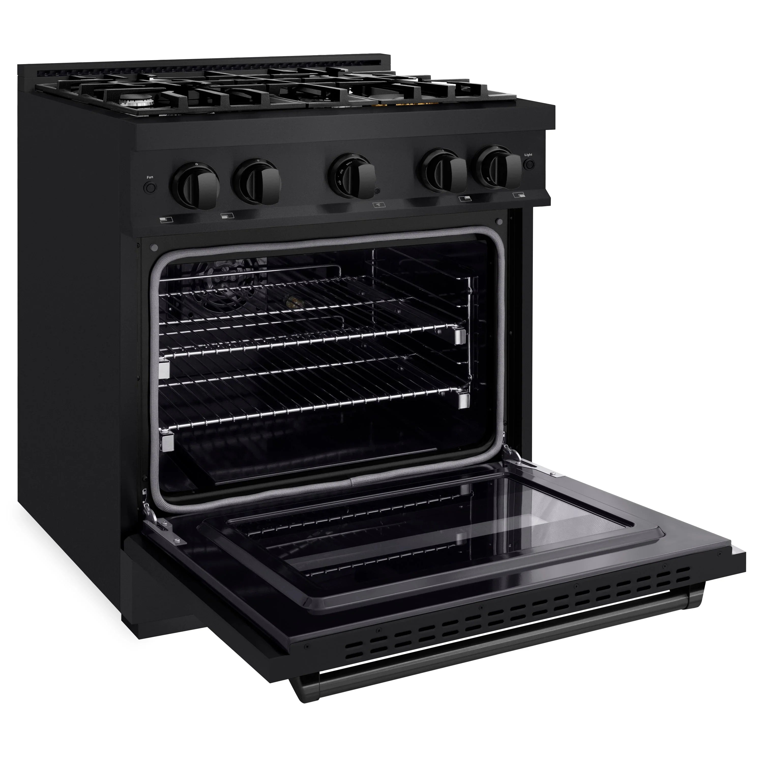 Black gas range with oven door open, showing oven cavity and racks